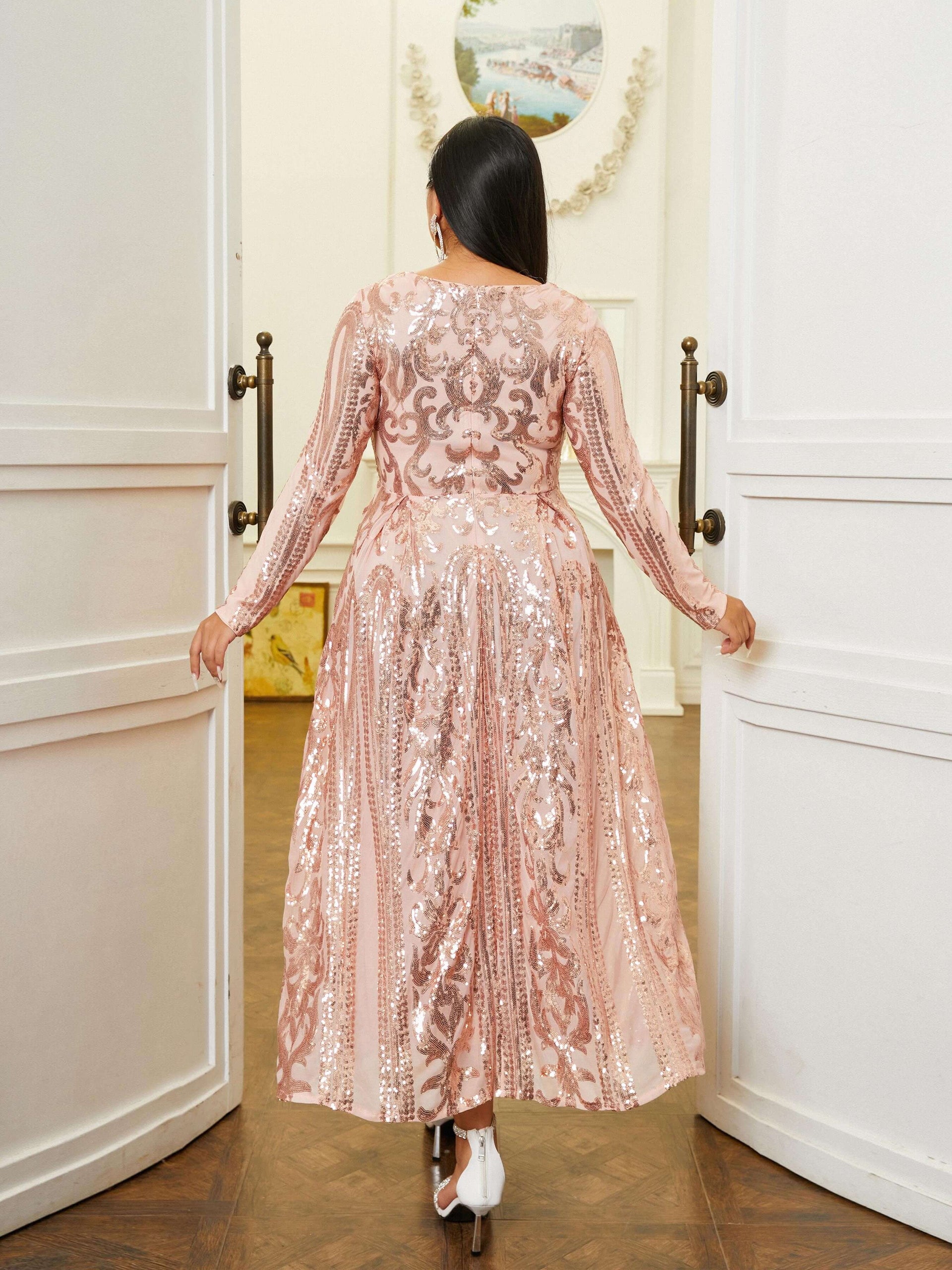 Plus V-neck Long Sleeve Sequin Dress