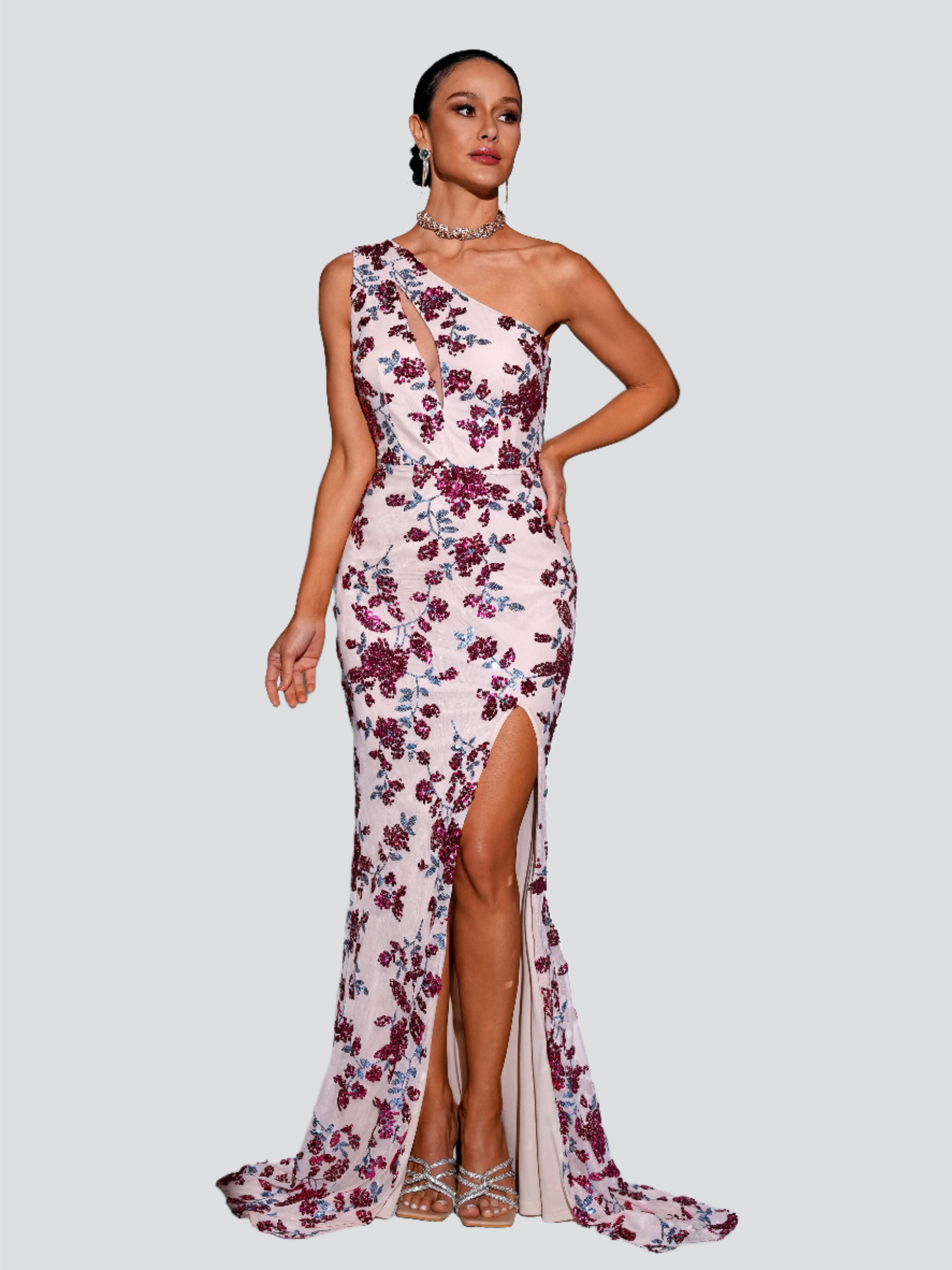 Cutout One Shoulder Split Sequin Dress