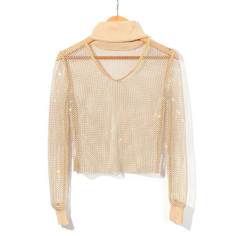 BLING RHINESTONE FISHNET TURTLENECK TOP