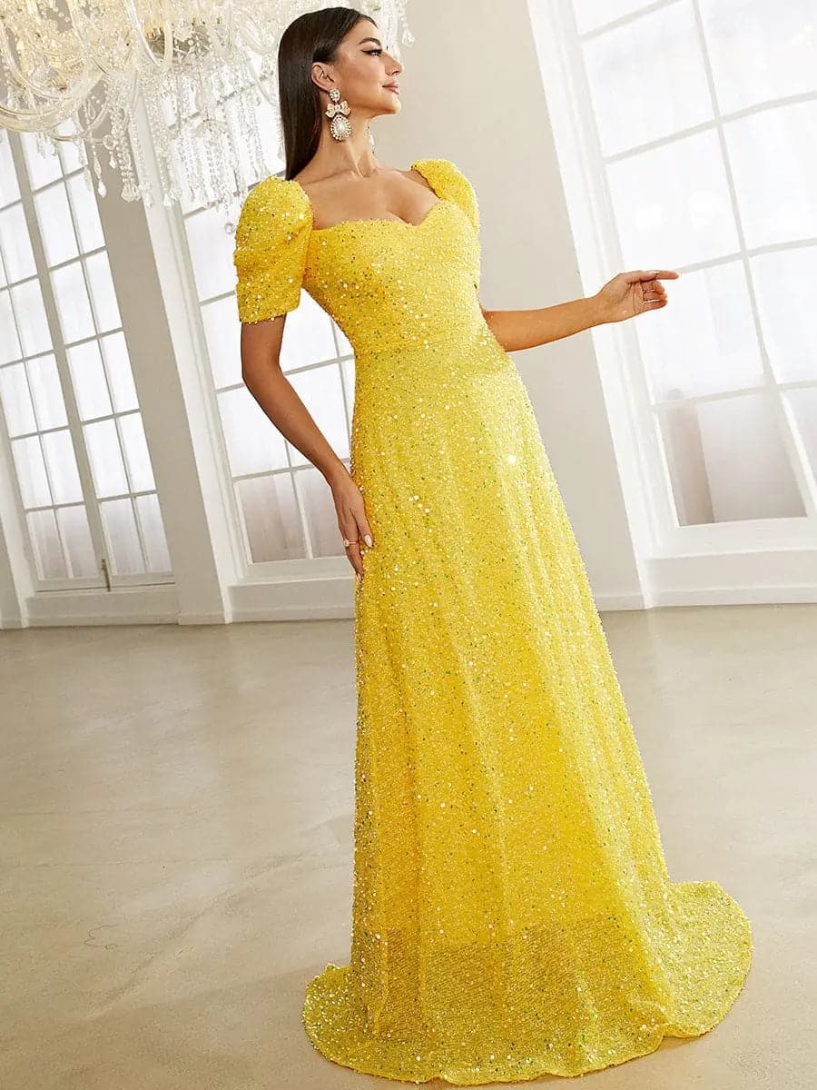 Light Yellow Puff Sleeve Sequin Maxi Dress