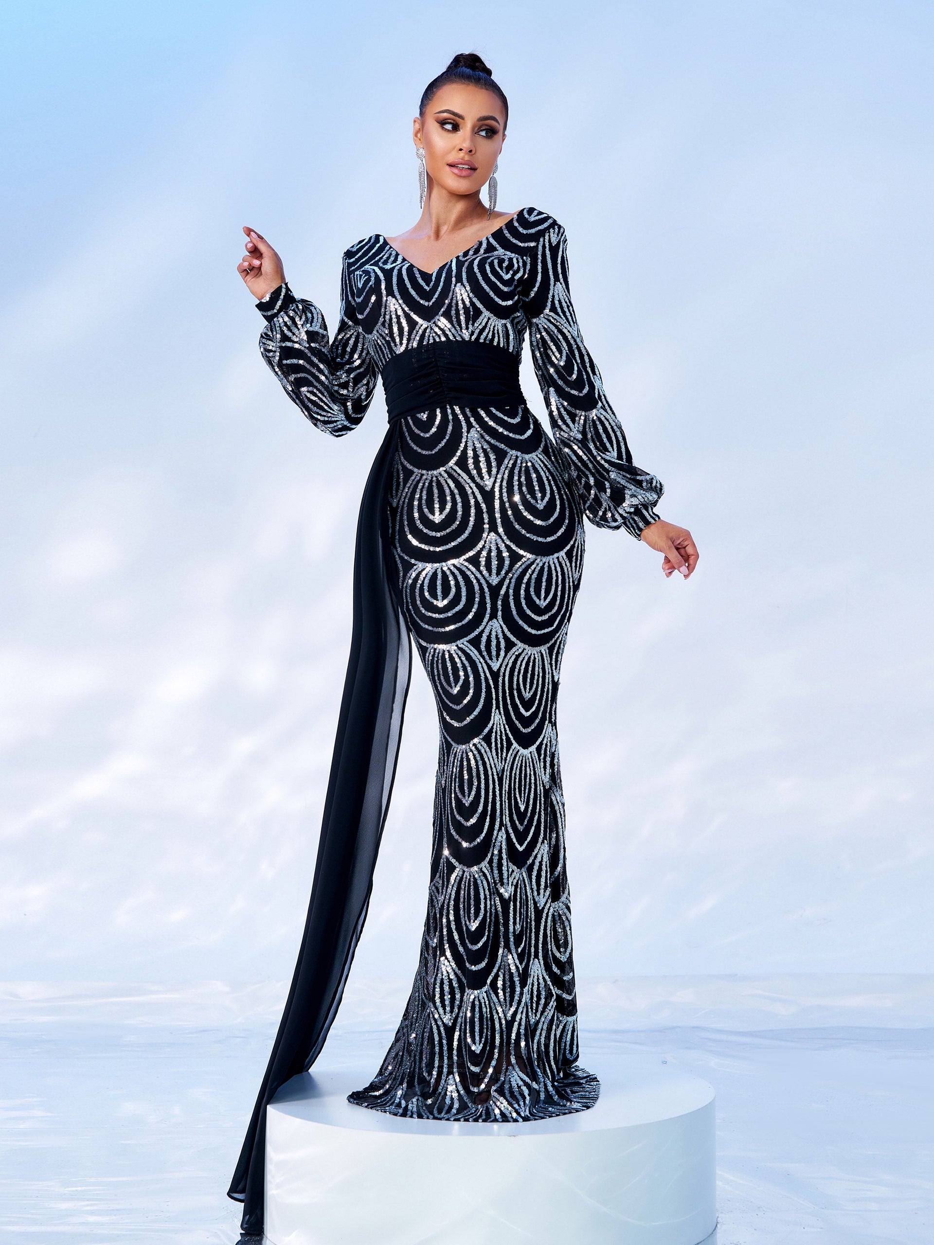 Formal Draping Sequin Long Sleeve Dress