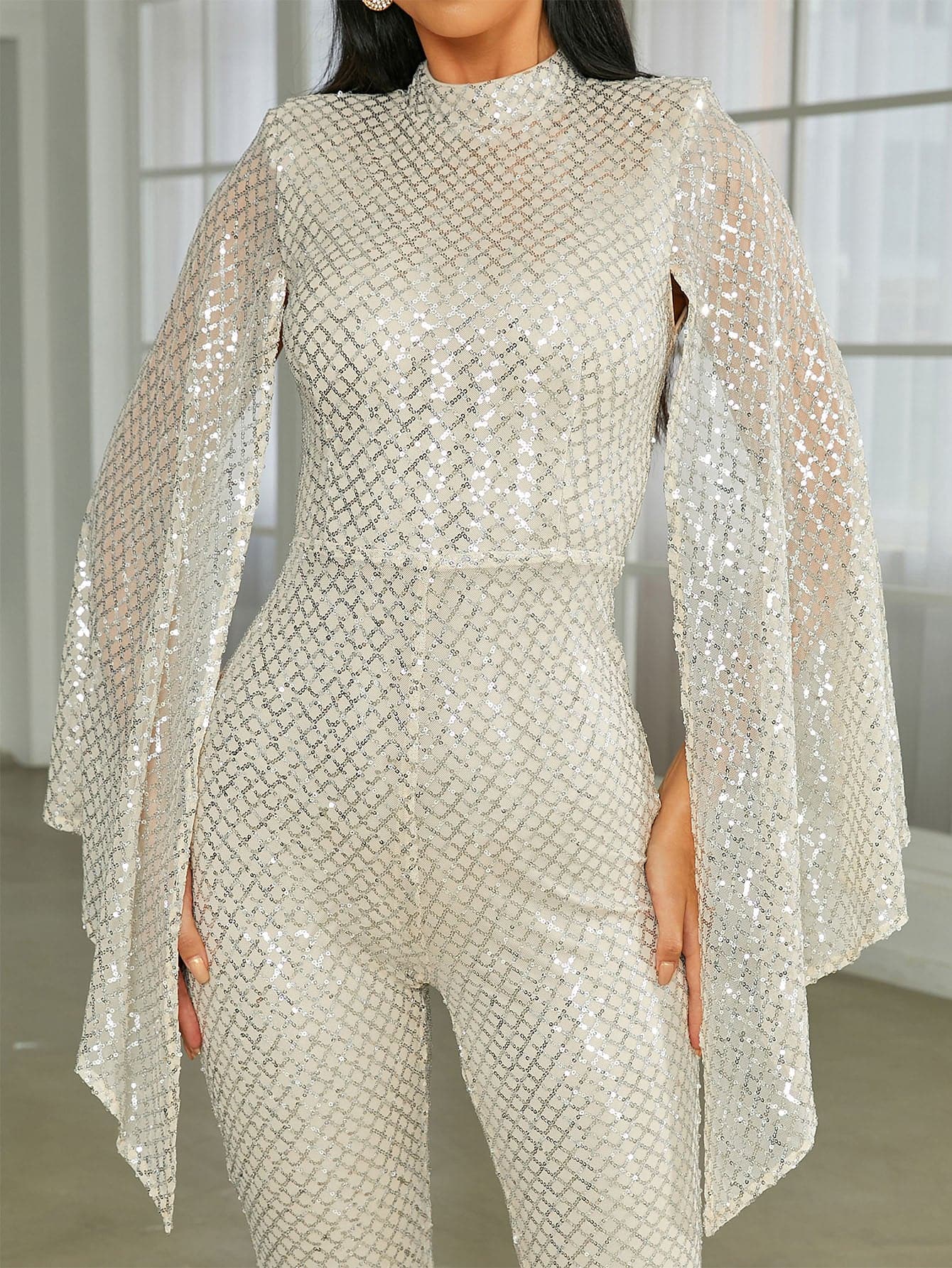 Stand Collar Cape Sleeve Sequin Jumpsuits