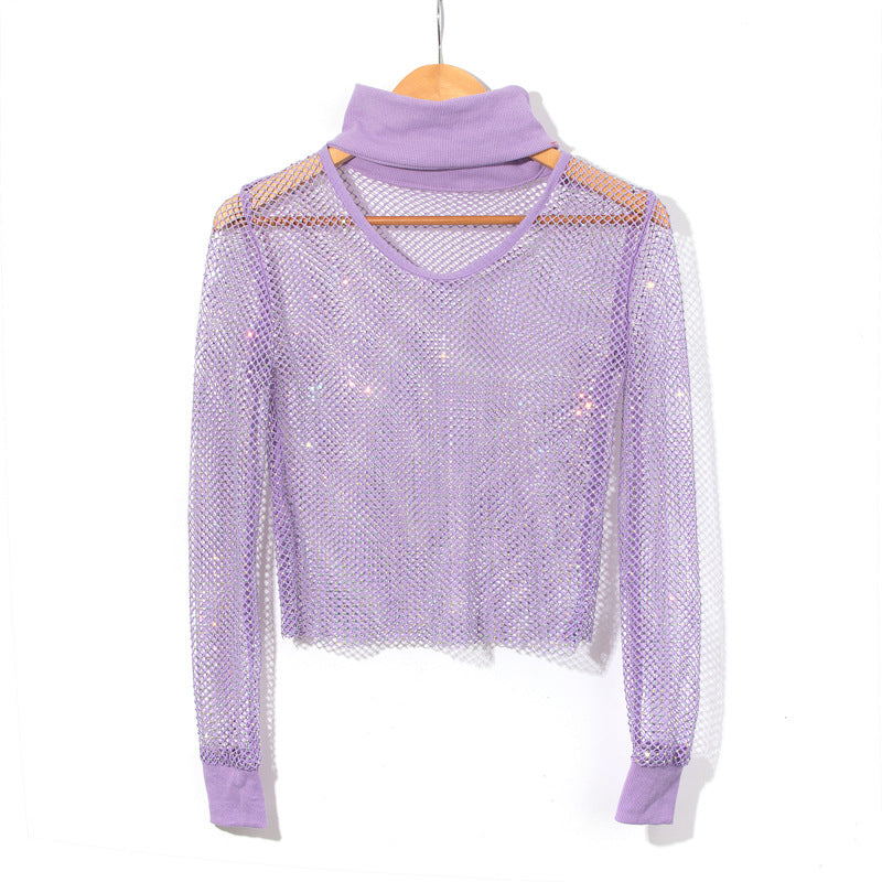 BLING RHINESTONE FISHNET TURTLENECK TOP