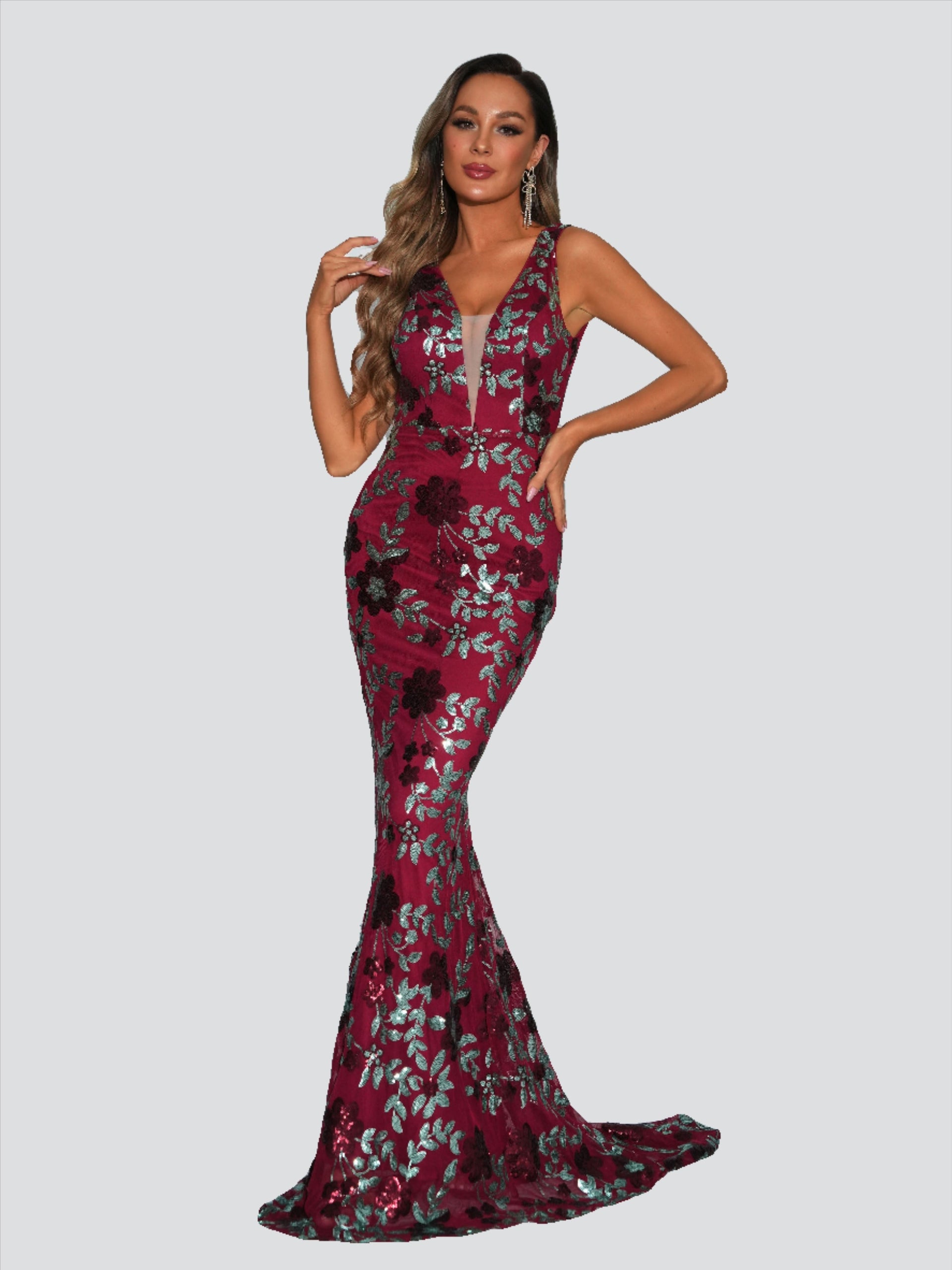 Floral V-neck Sequin Mermaid Prom Dress