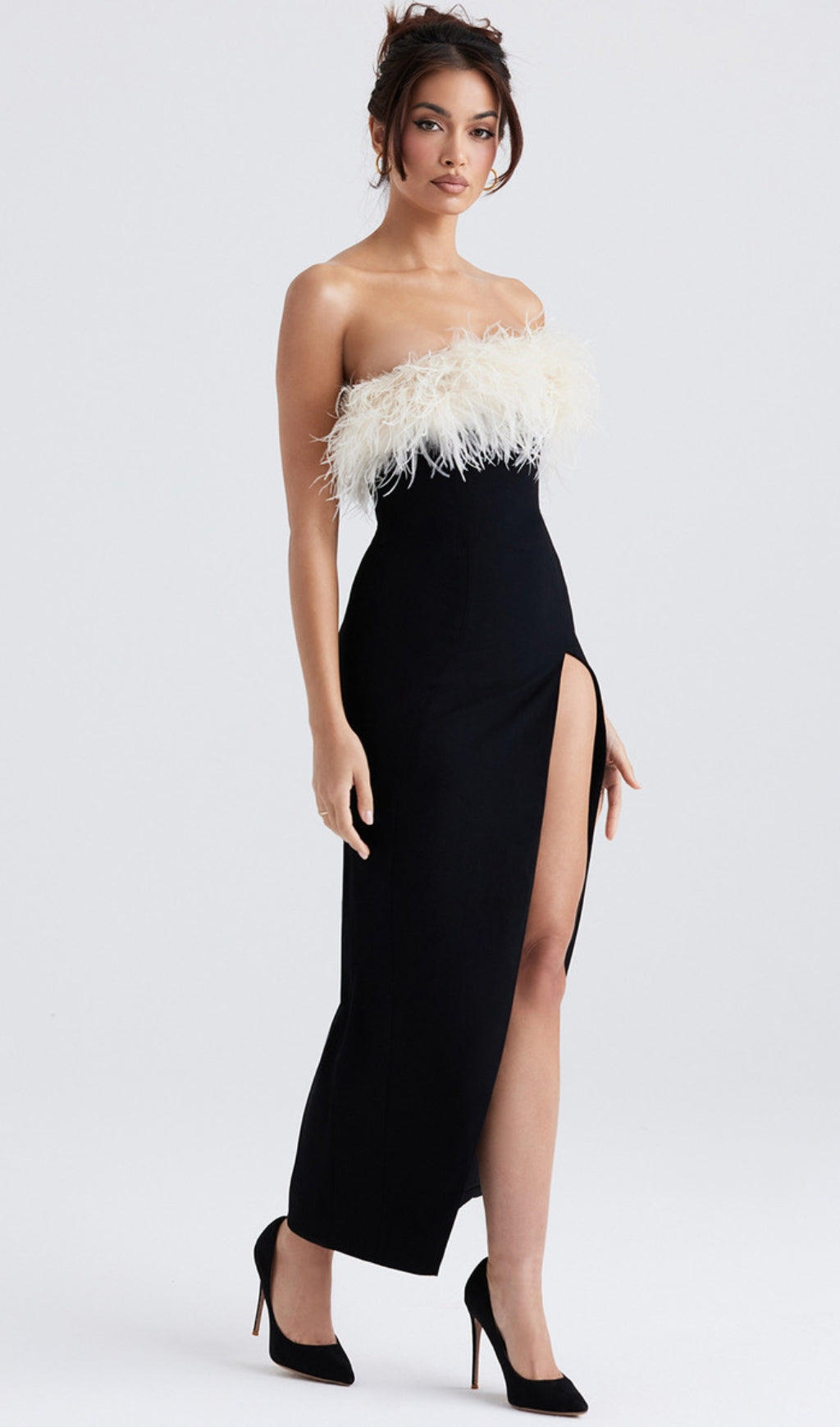 Feather strapless split maxi dress in black