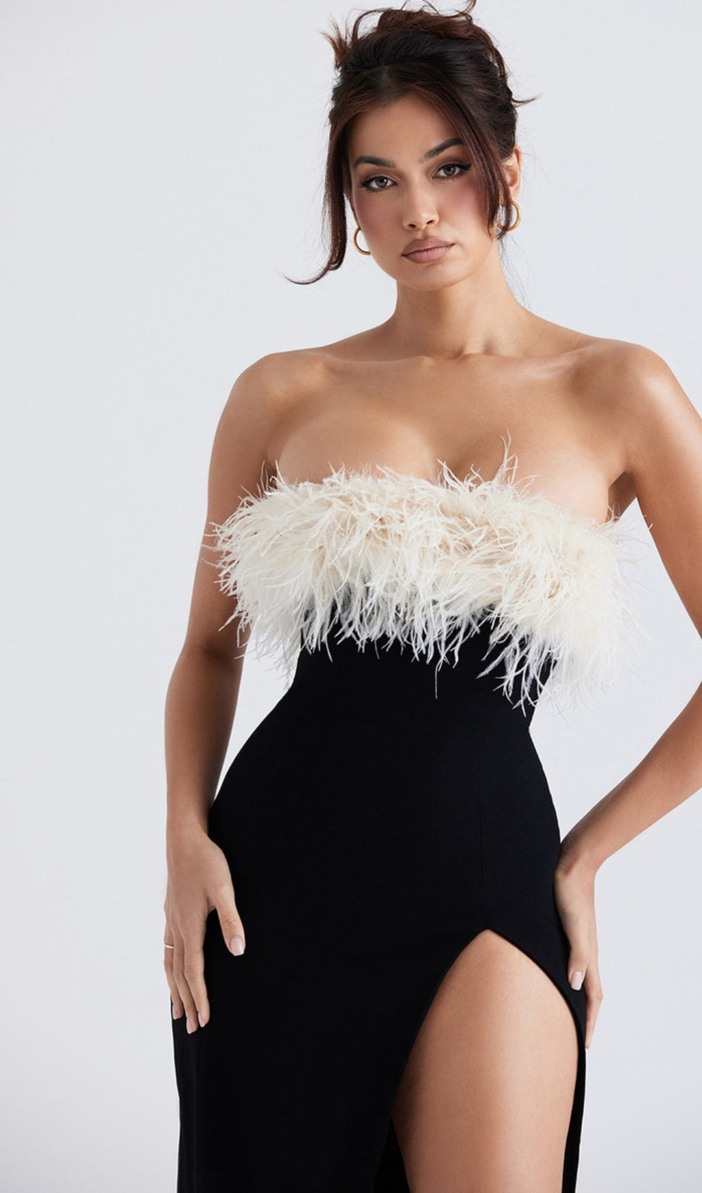 Feather strapless split maxi dress in black