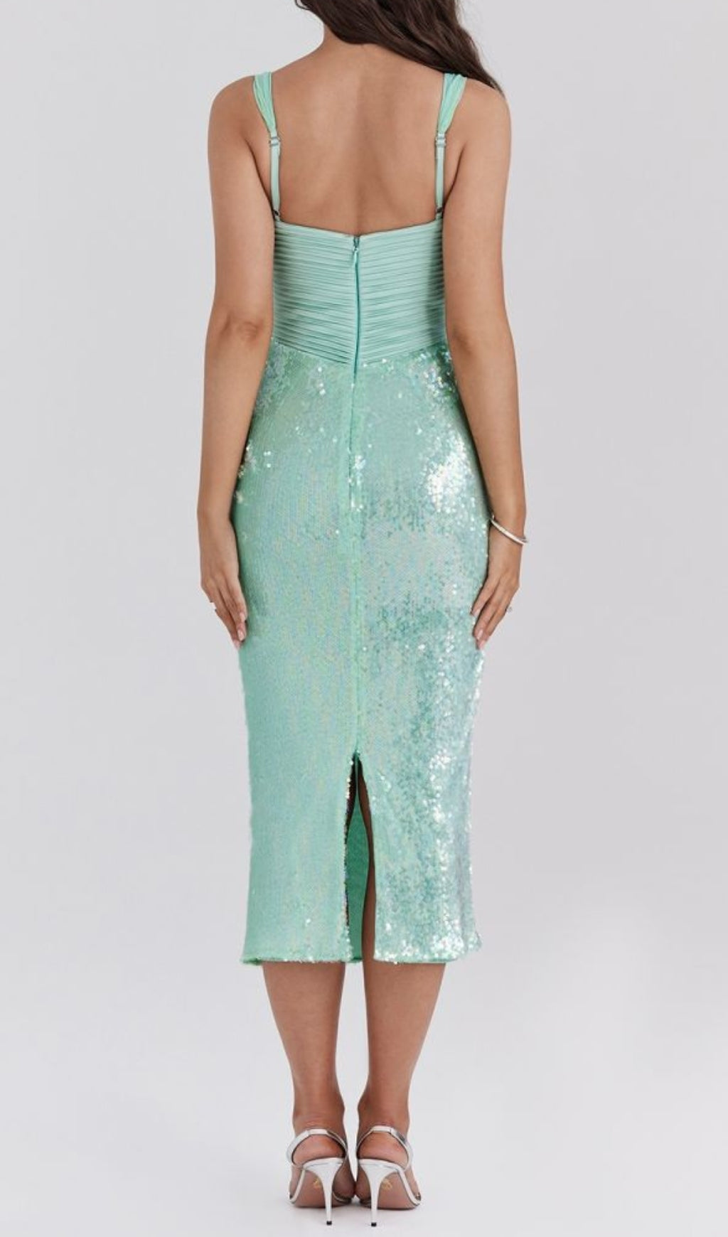 V neckline sequin midi dress in green