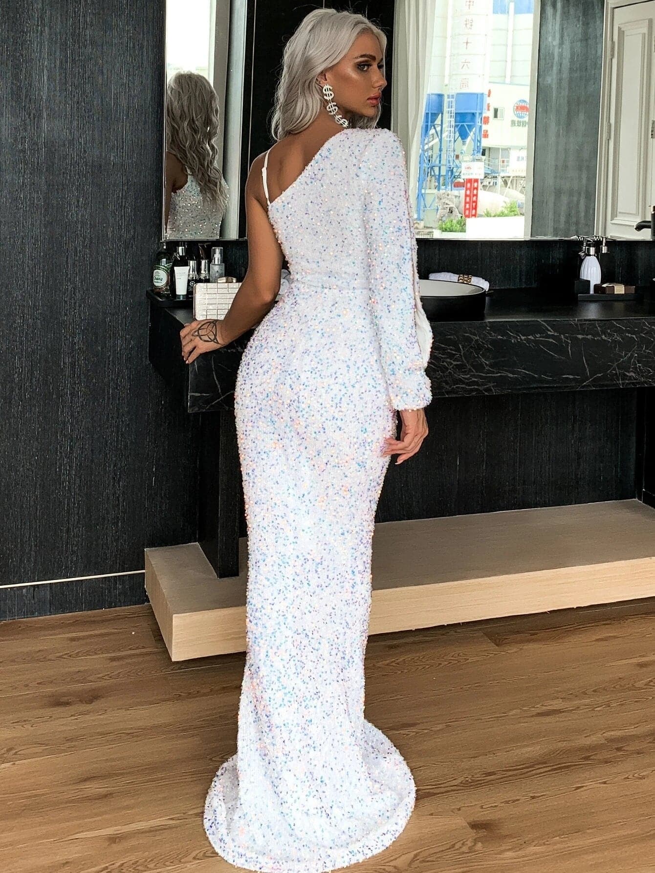 One Shoulder Black Mermaid Sequin Dress