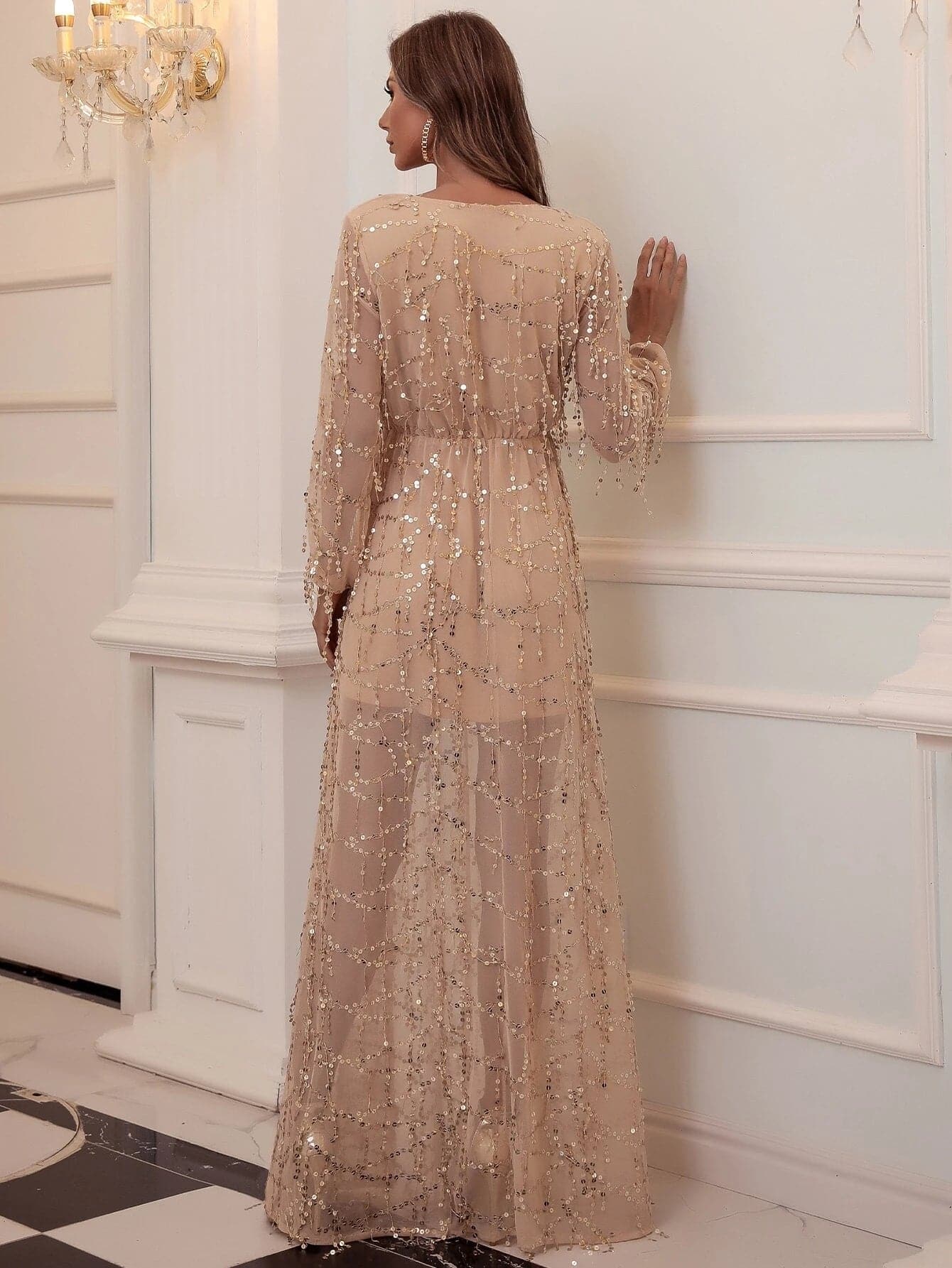 V-neck Wrap Hem Sequin Maxi Dress
