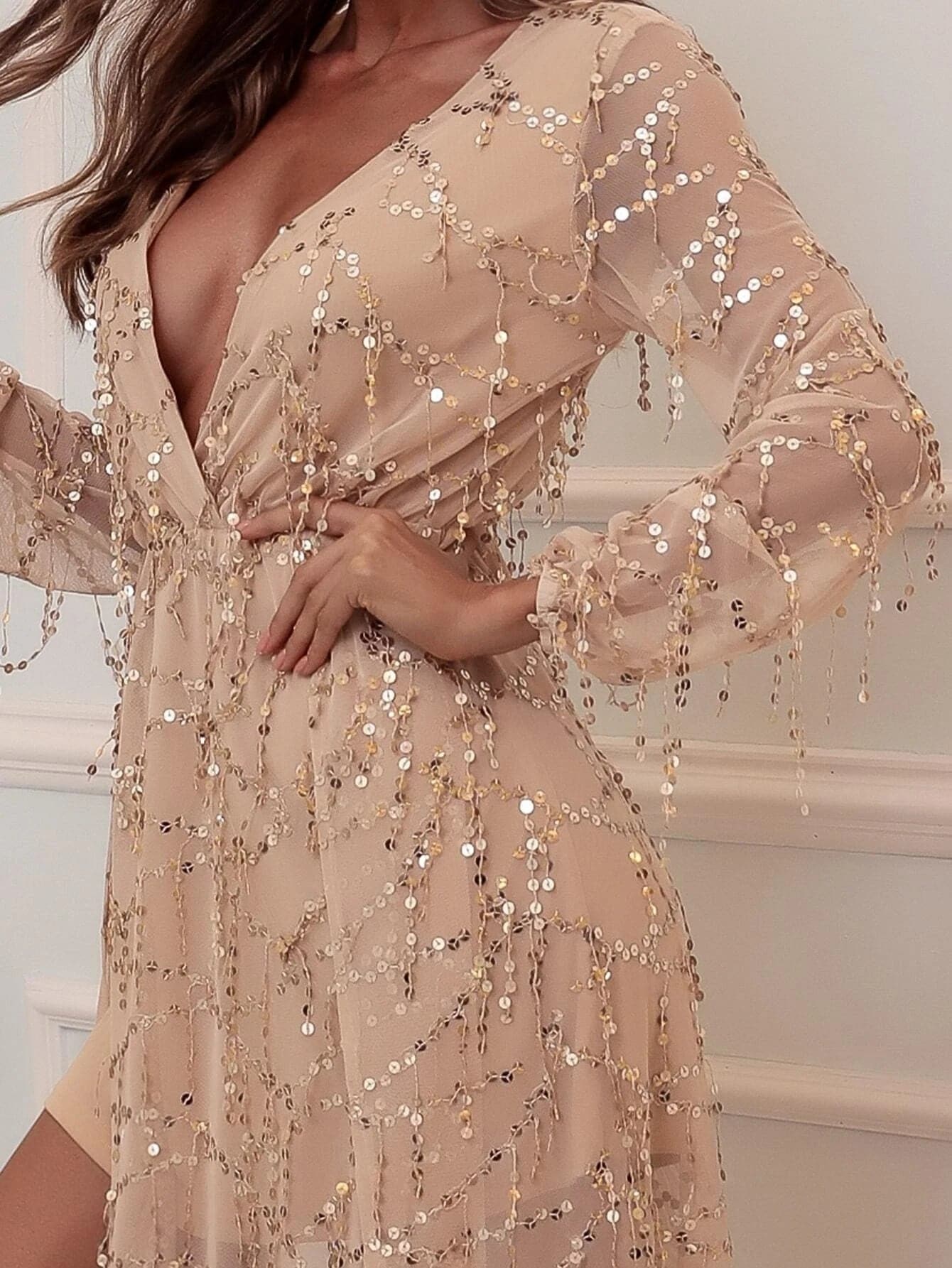 V-neck Wrap Hem Sequin Maxi Dress
