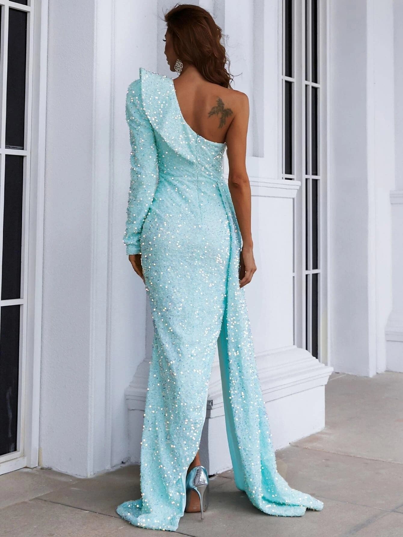 One Shoulder Split Sequin Maxi Prom Dress