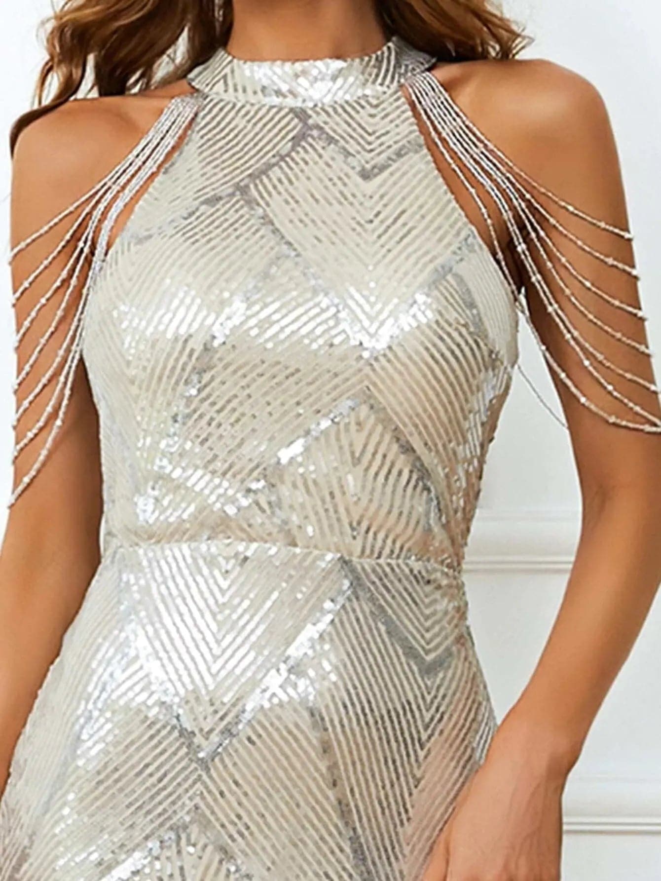 Cold Shoulder Beads Chain Cocktail Dress