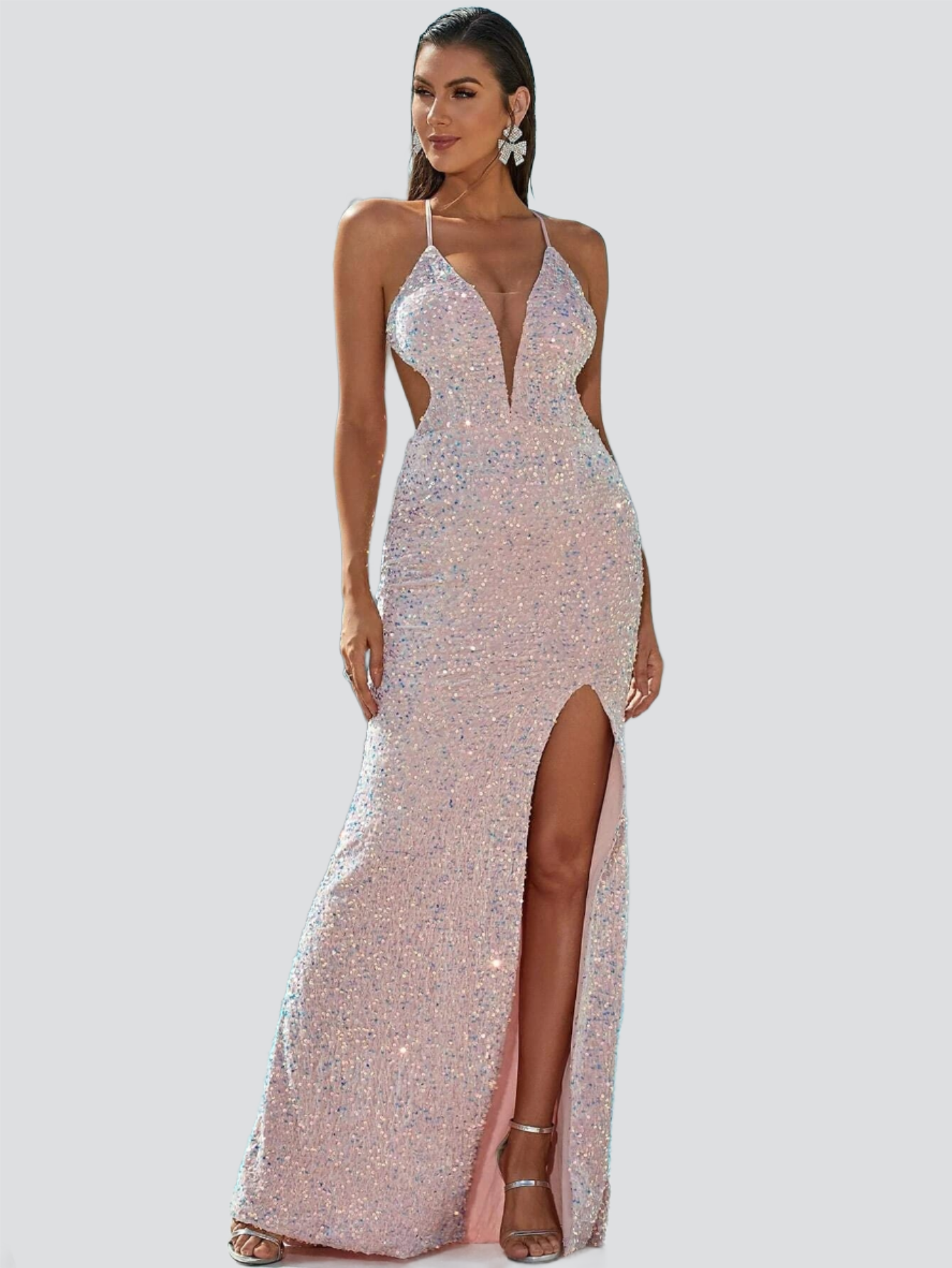 V Neck Open Back Sequin Maxi Formal Dress