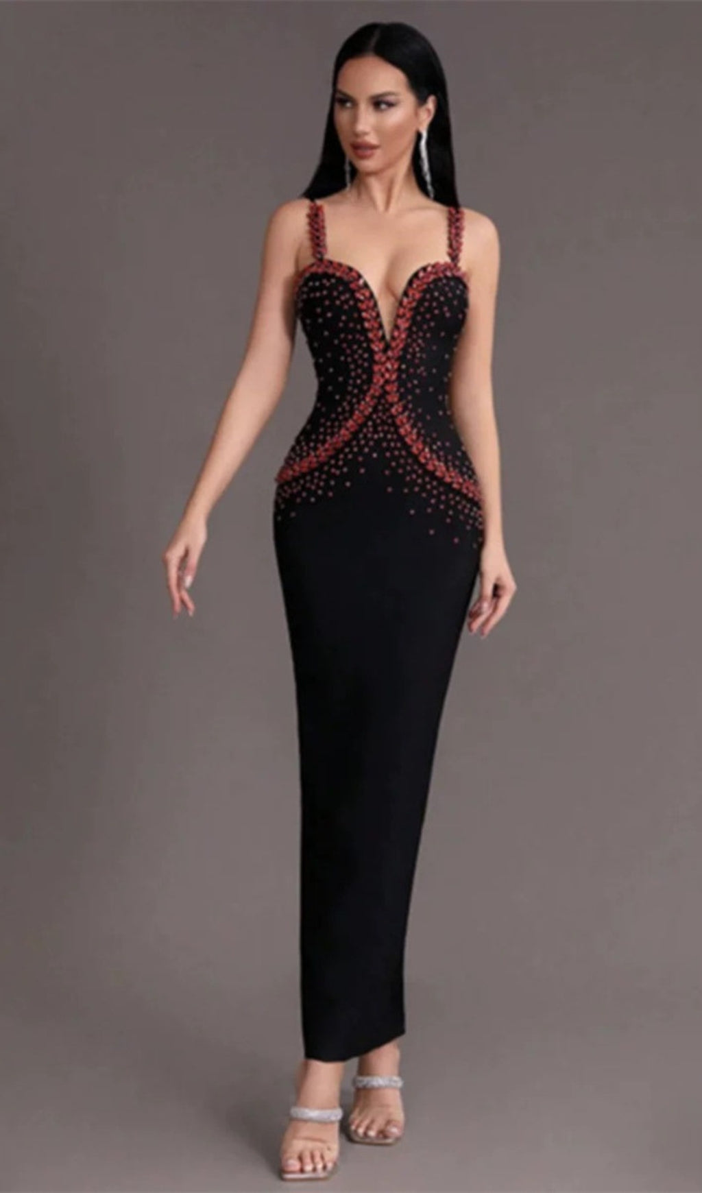 Embellished strappy split maxi dress