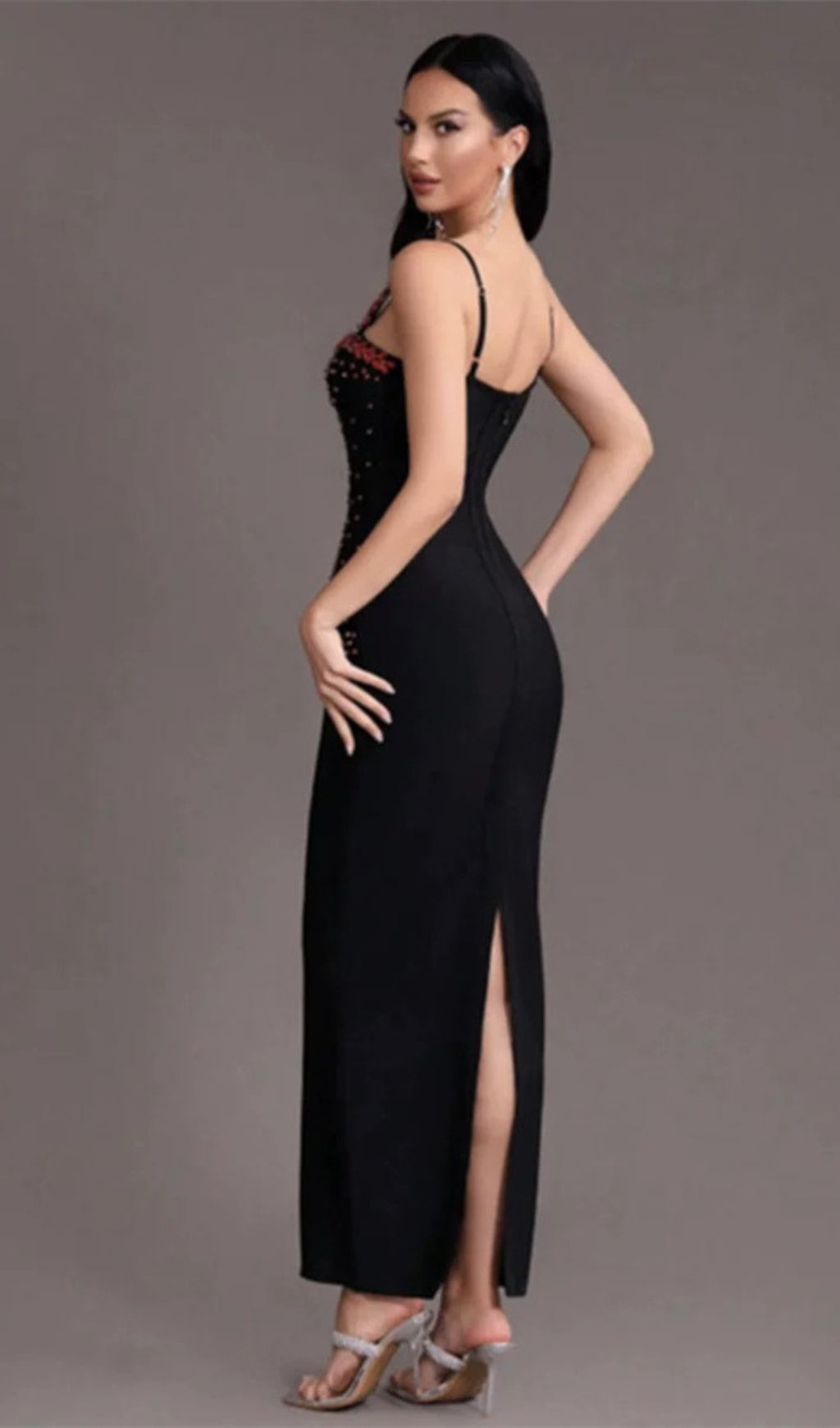 Embellished strappy split maxi dress