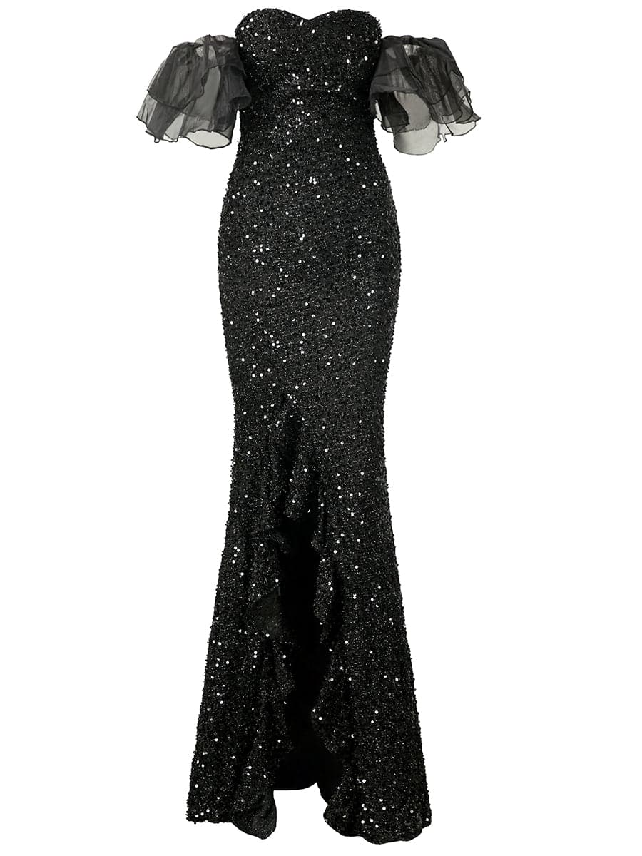 Off Shoulder Black Sequin Prom Dress