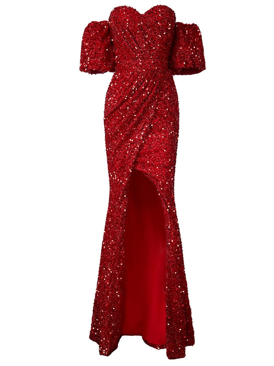 Half-sleeve Slit Mermaid Sequin Prom Dress