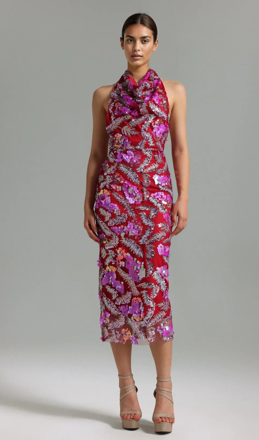 Embellished halter backless midi dress
