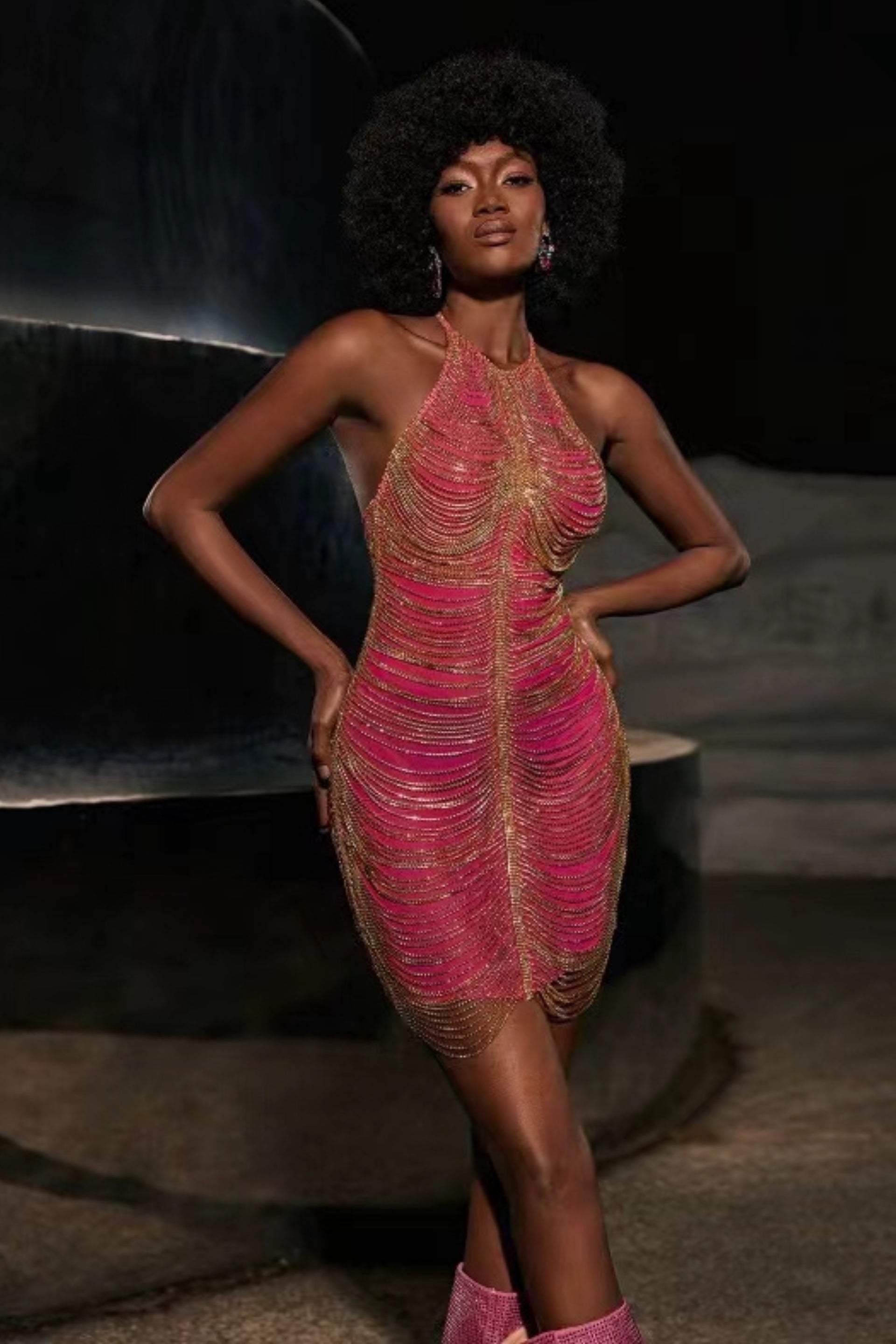 Embellished halter mini dress