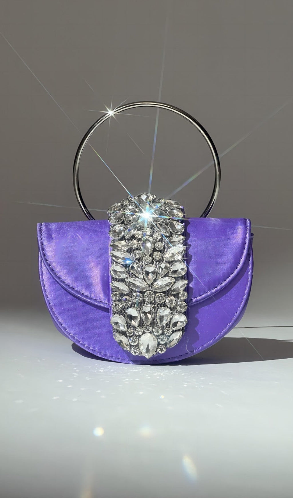SATIN CRYSTAL CLUTCH IN PURPLE