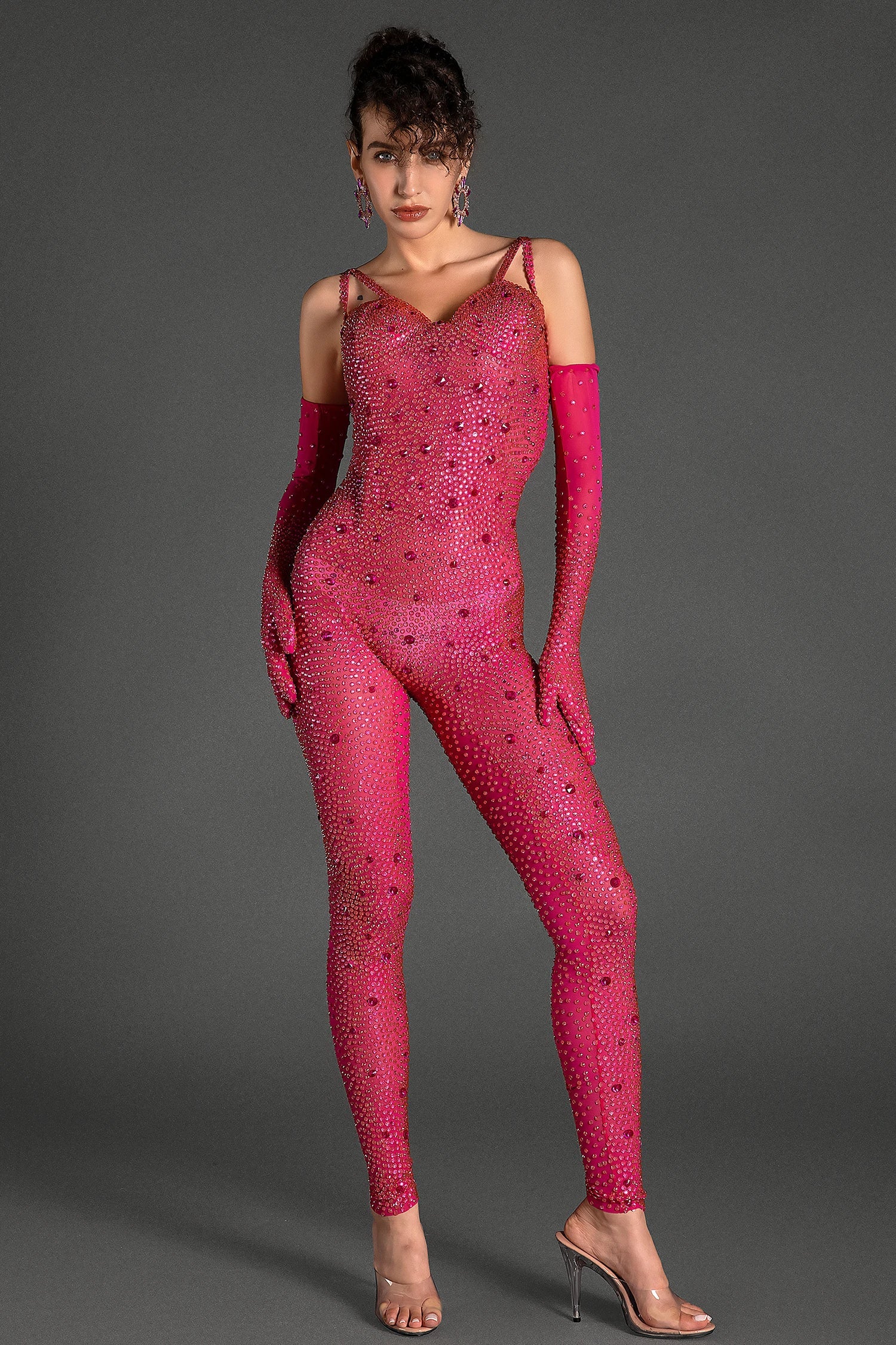 Comatos Strap Rhinestone Jumpsuit With Gloves