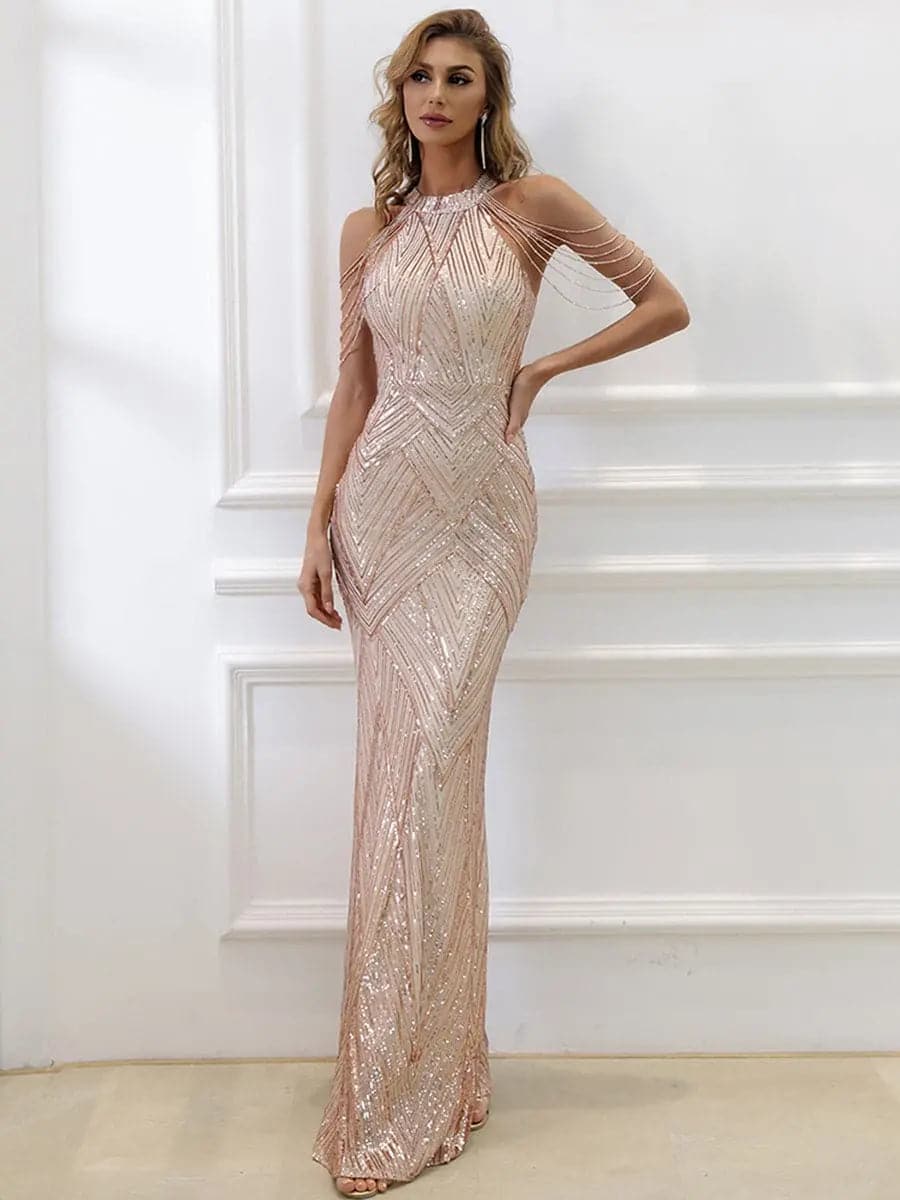 Cold Shoulder Beads Chain Cocktail Dress