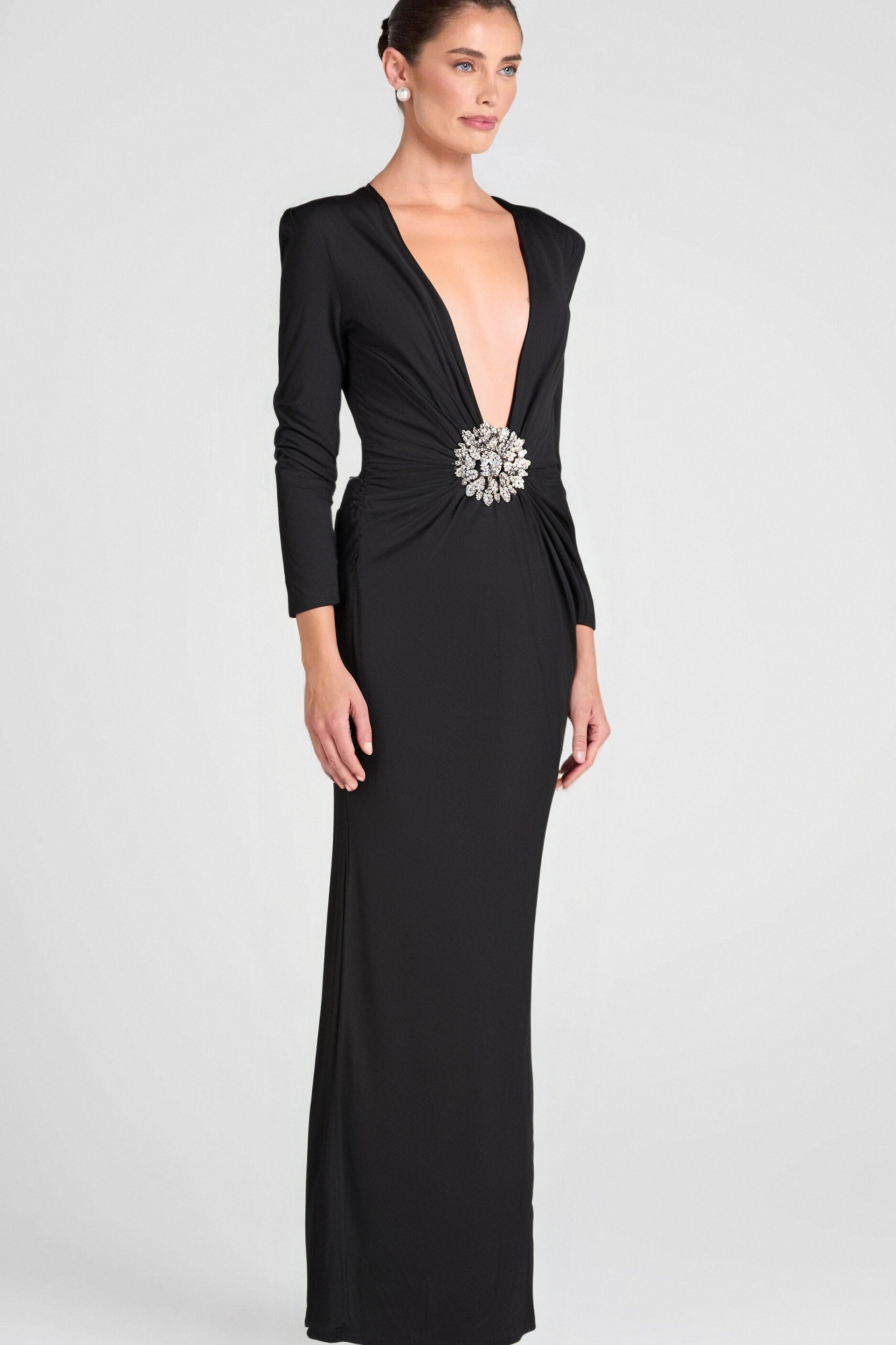 BERNICE LONG SLEEVE DRAPED EMBELLISHED MAXI DRESS IN BLACK