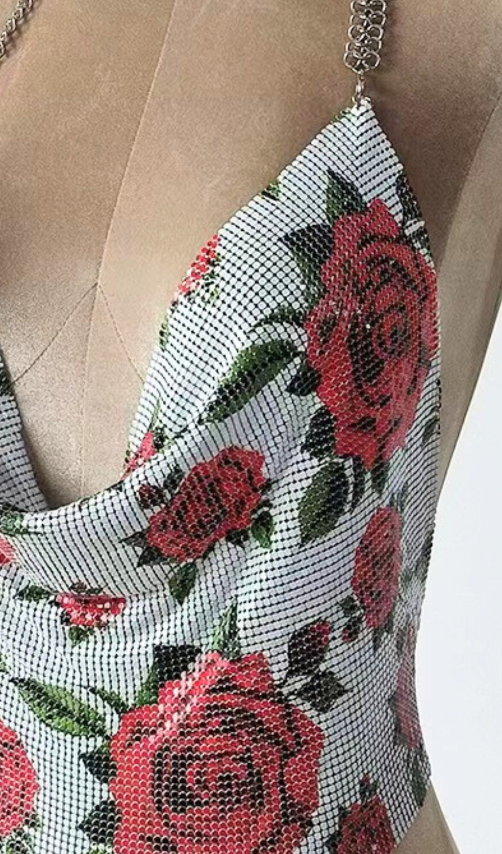 Halterneck Rose Print Chainmail Top