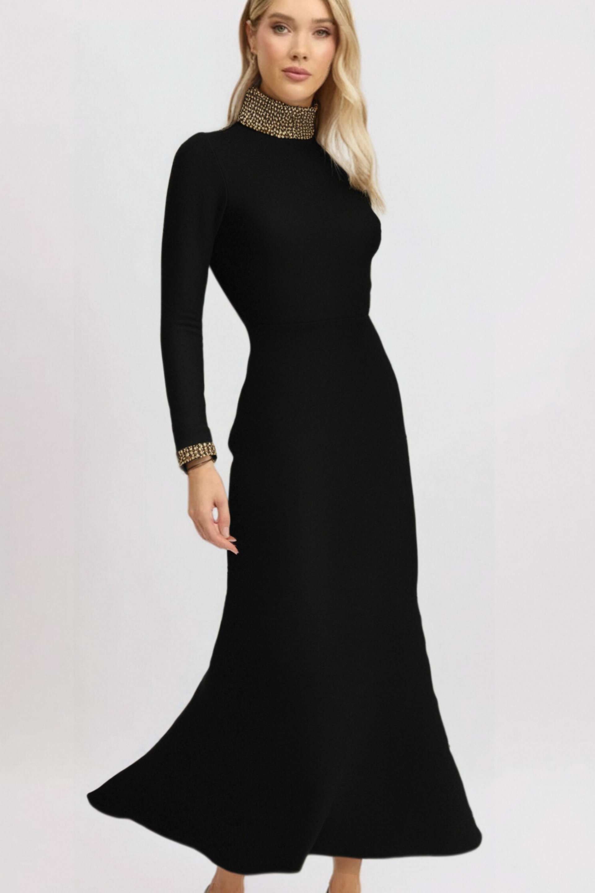 YVONNE LONG SLEEVE GOLD BEAD BANDAGE MIDI DRESS IN BLACK