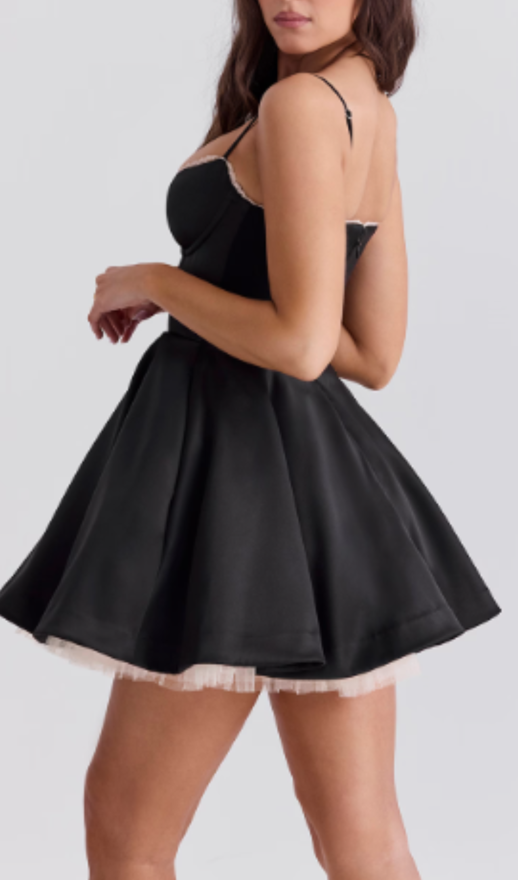 LACE TRIM BUSTIER A LINE DRESS IN BLACK