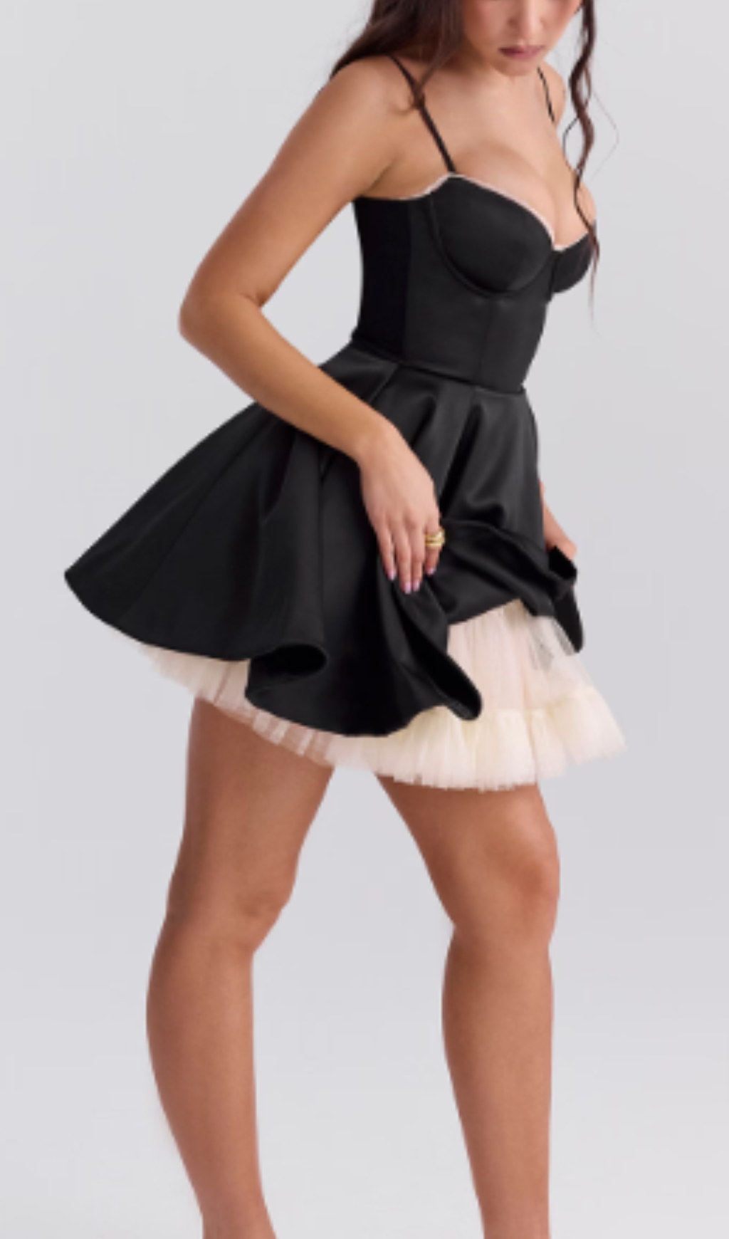 LACE TRIM BUSTIER A LINE DRESS IN BLACK