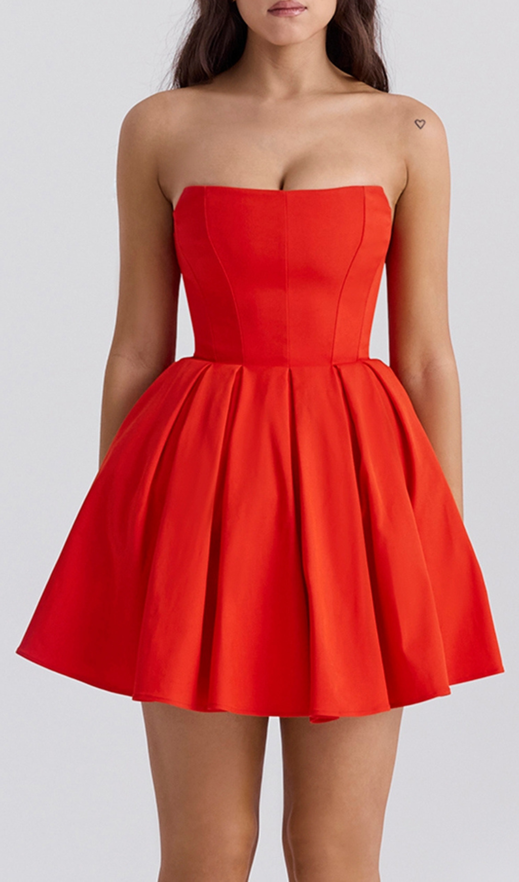 TOMATO STRAPLESS PLEATED MINI DRESS
