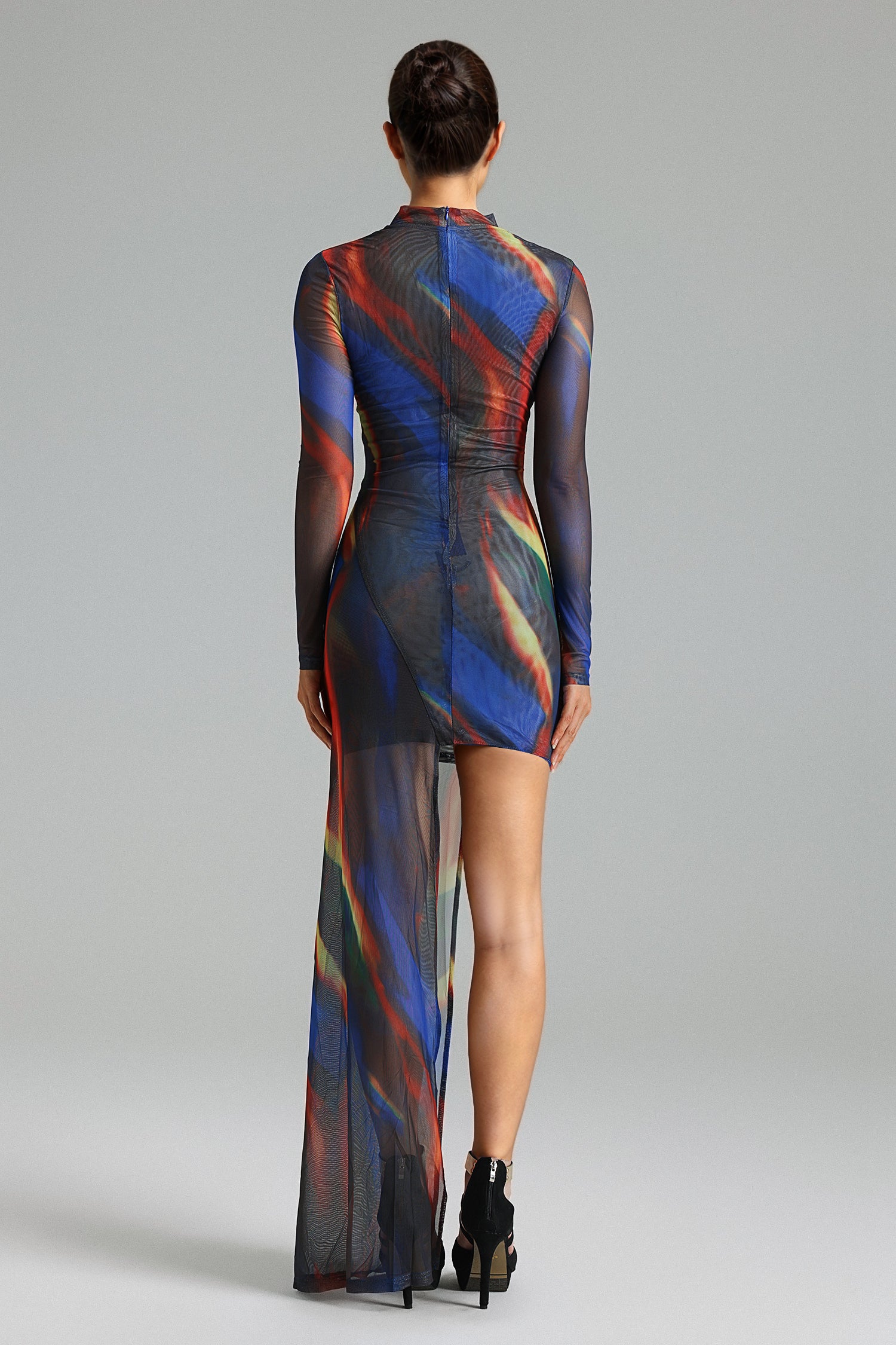 Lexi High Neck Ruched Printed Mesh Dress