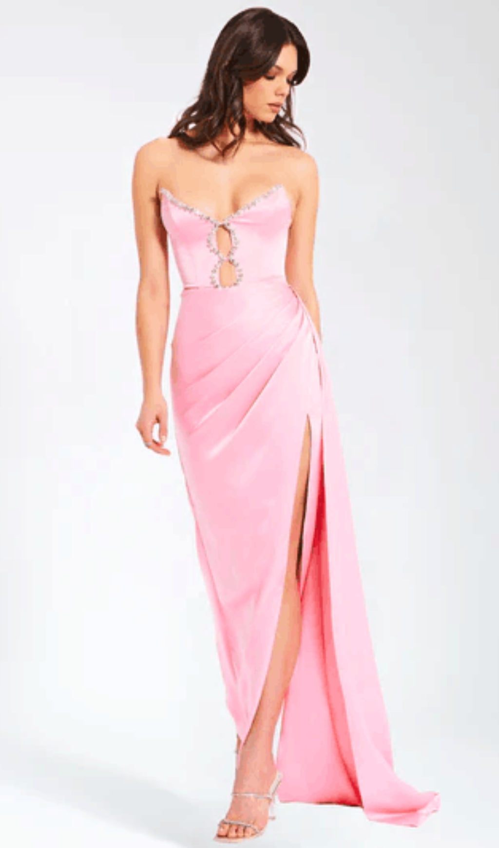 Satin embellished split maxi dress in pink