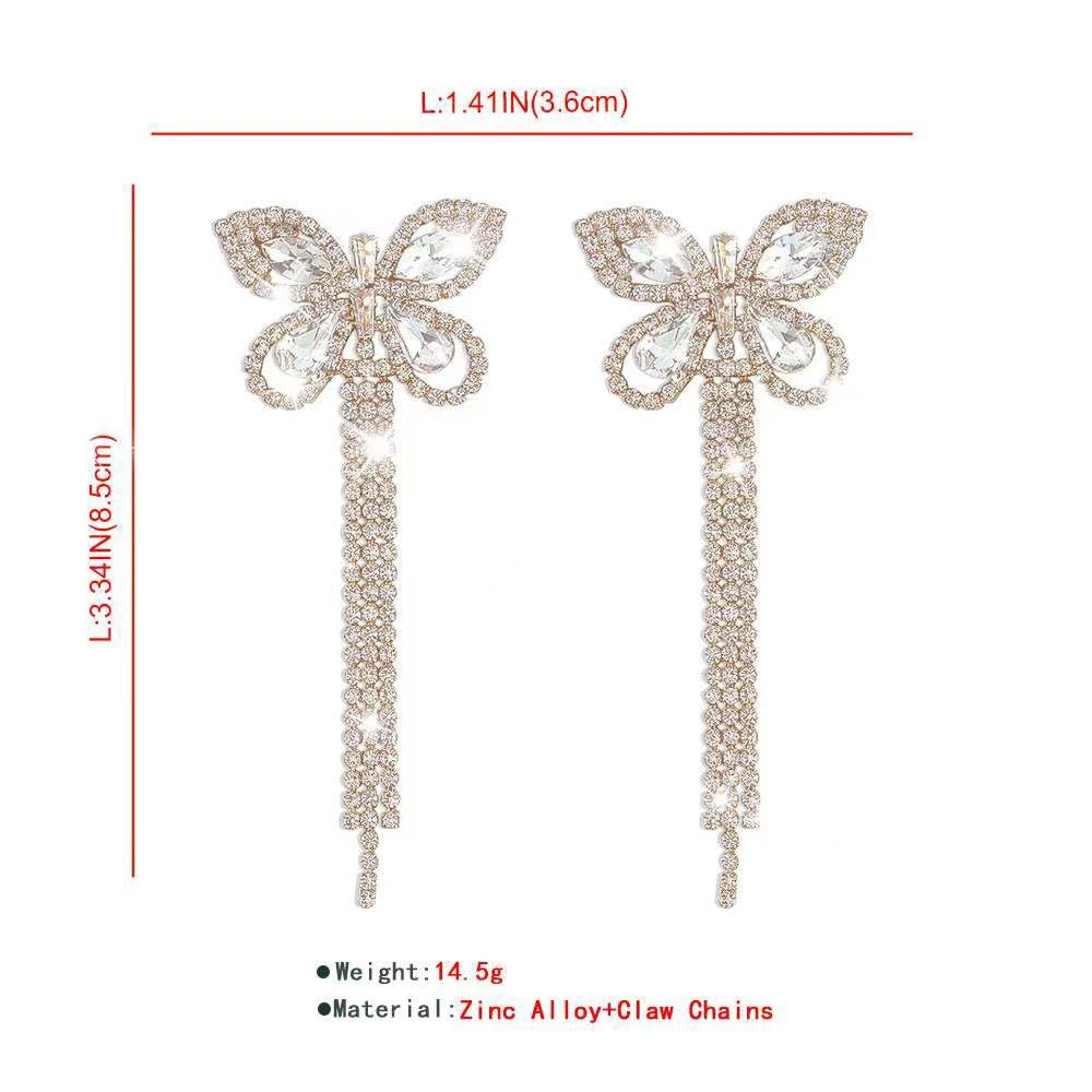 Sparkly Rhinestone Embellished Butterfly Tassel Earrings - Gold