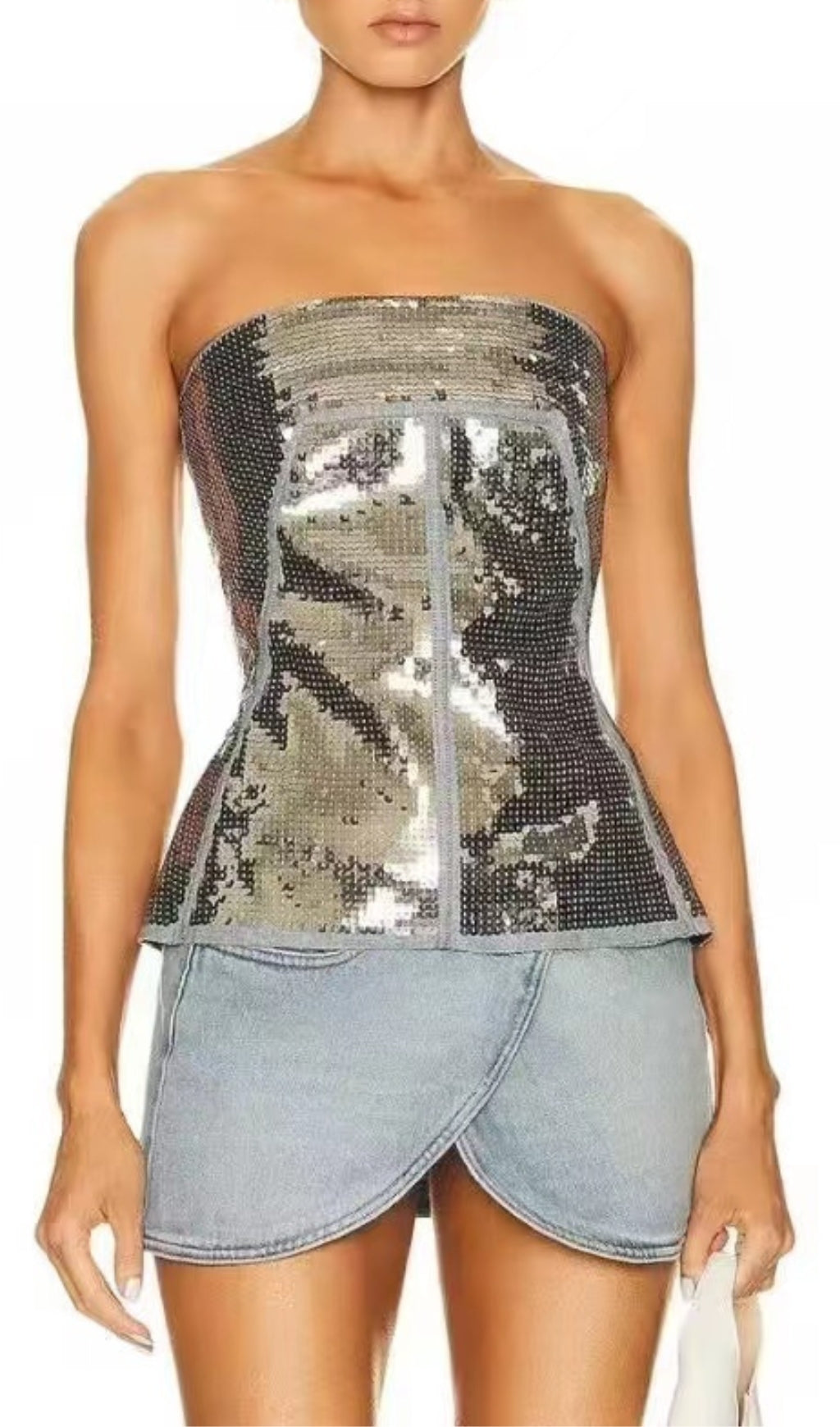 Metallic Sequin Embellished Sleeveless Denim Bustier Crop Top