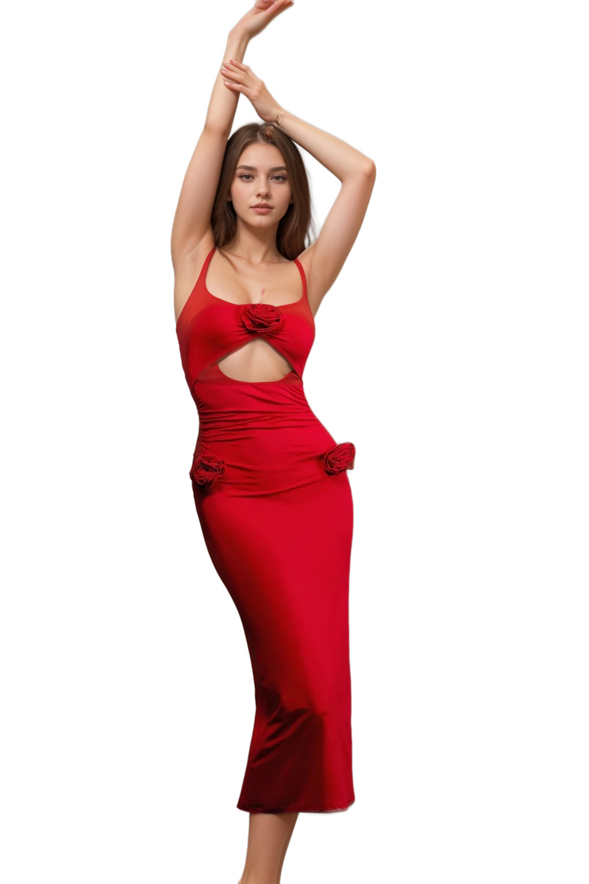 Flower Halter Cut Out Dress in red