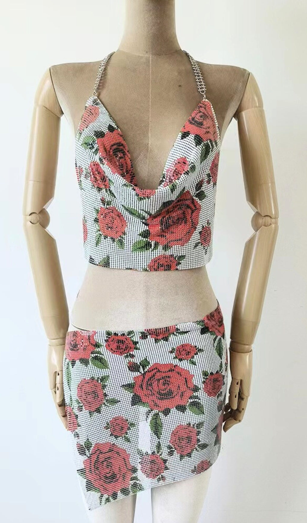 Halterneck Rose Print Chainmail Top