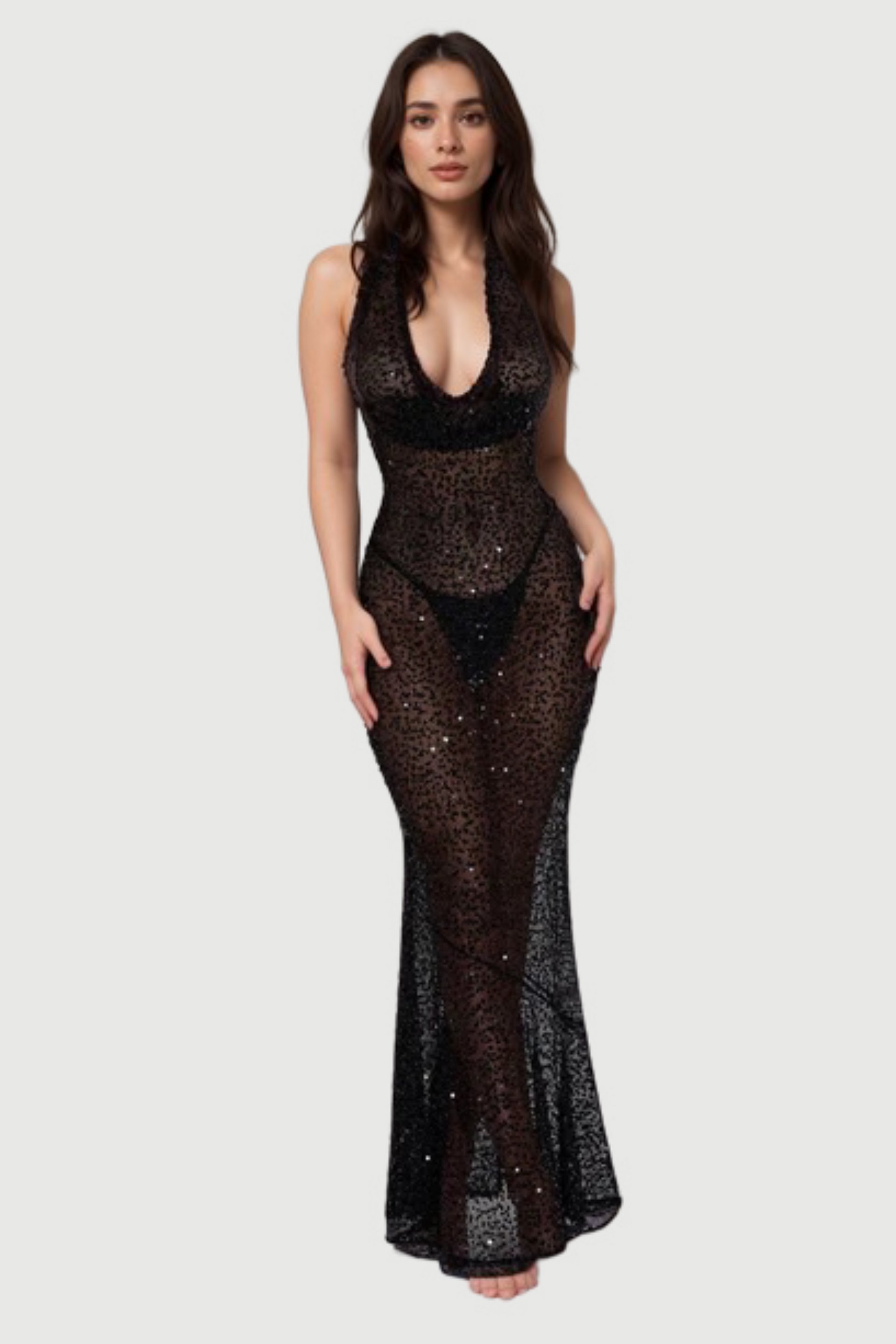 BARBARA HALTER SEQUIN MAXI DRESS IN BLACK