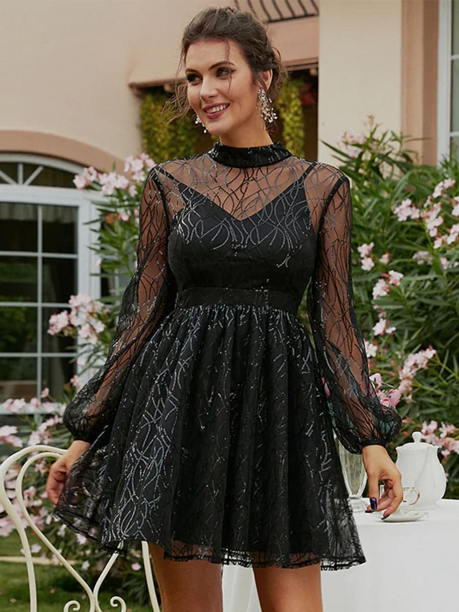 High Neck A-Line Sequin Black Homecoming Dress