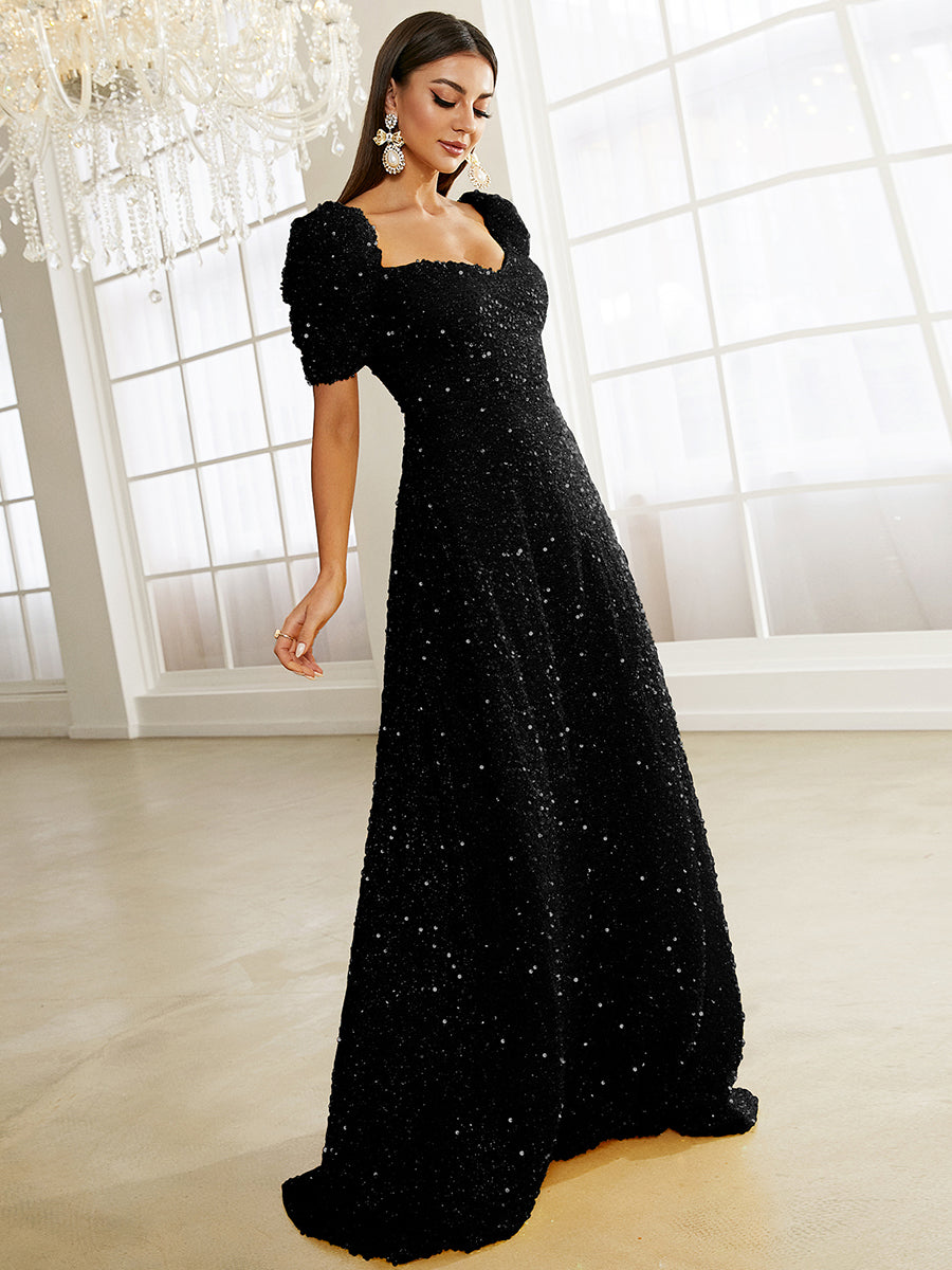 Light Yellow Puff Sleeve Sequin Maxi Dress