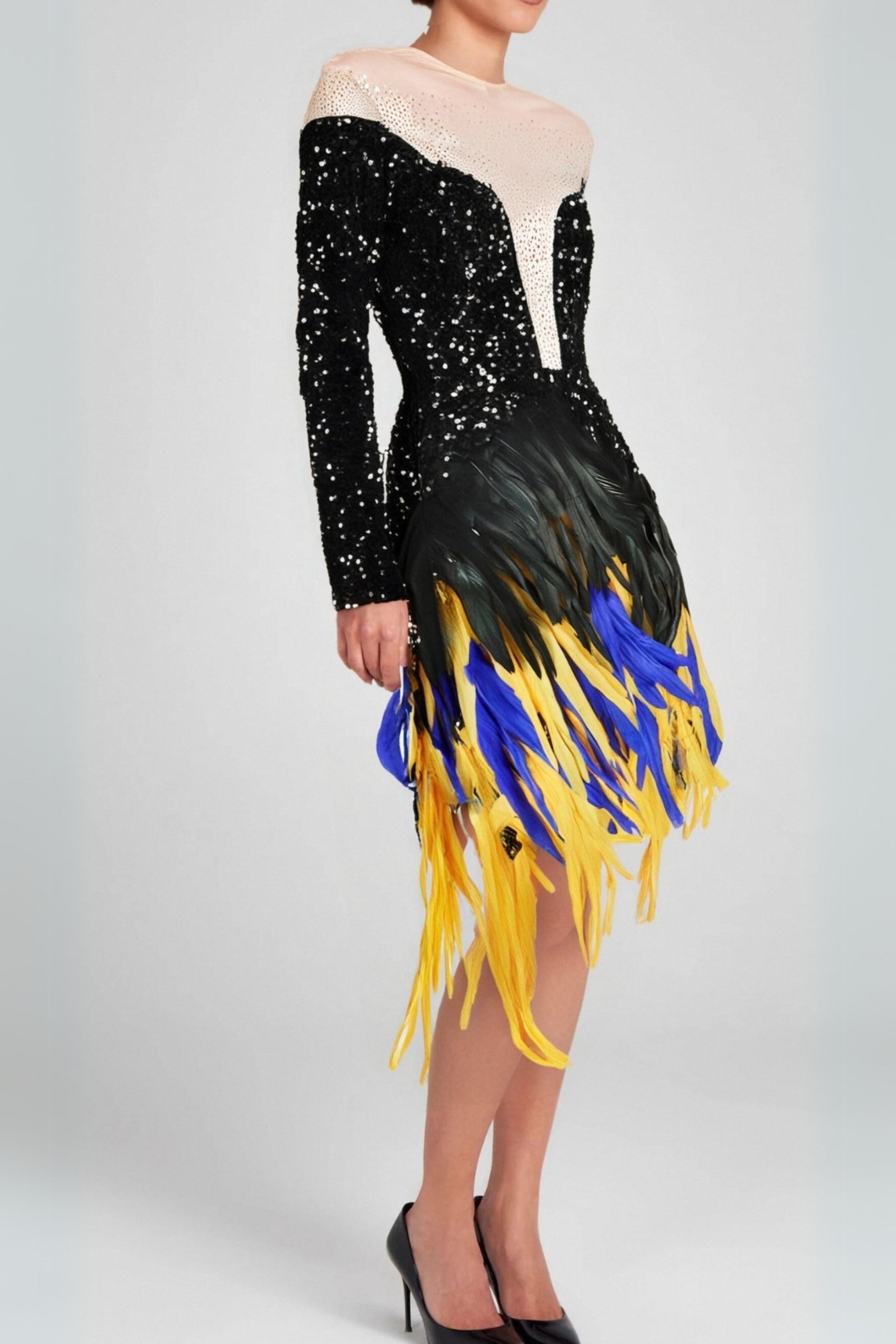 feather embellished sequin mini dress in black