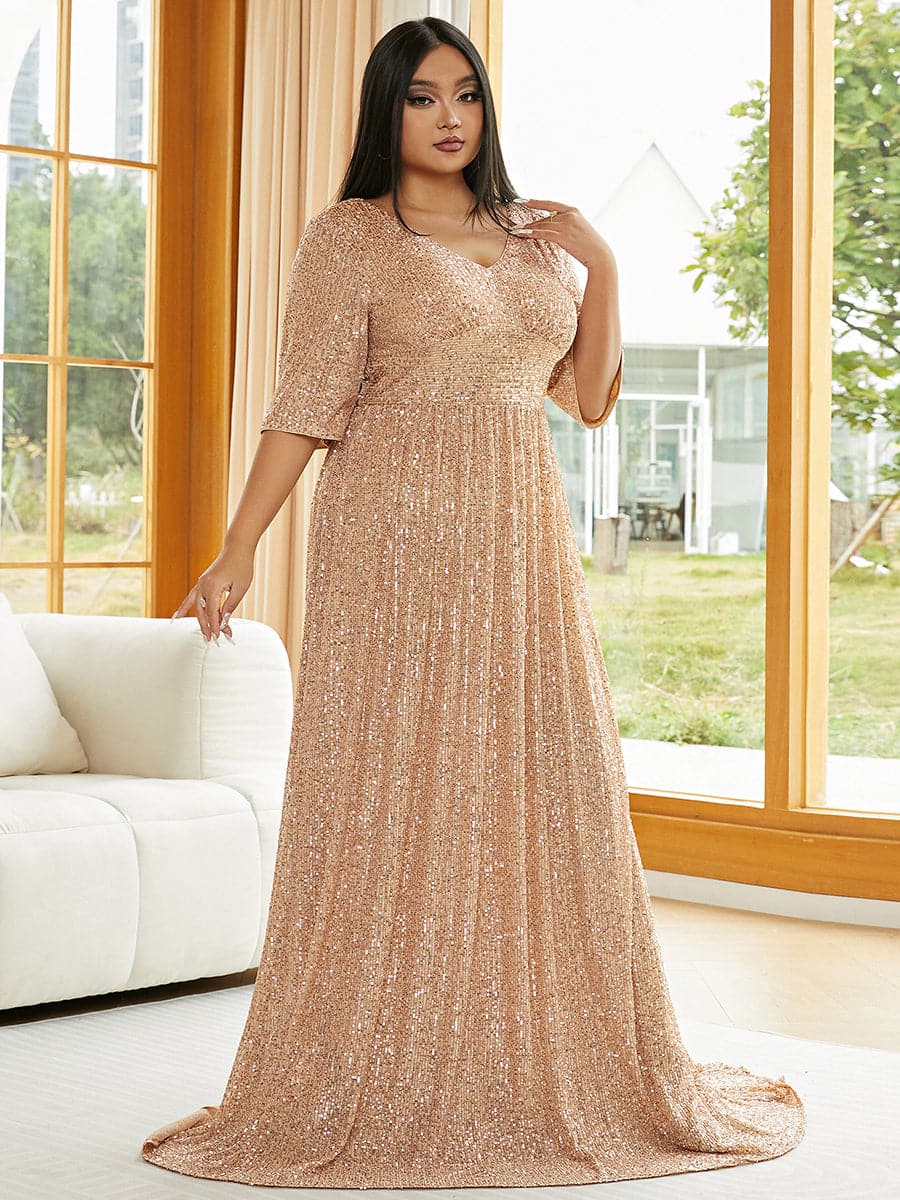 Plus V Neck Sequin Apricot Evening Dress