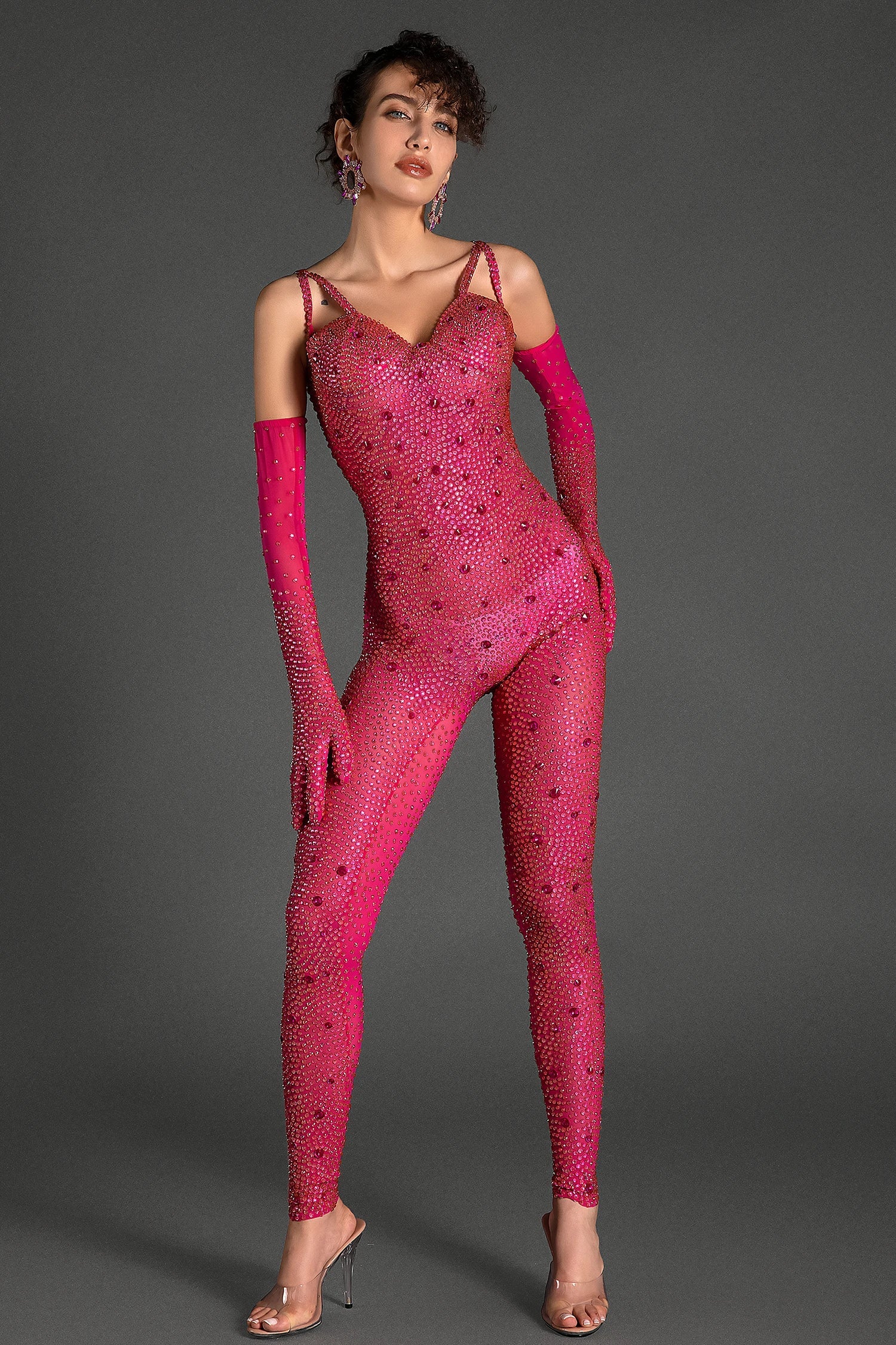 Comatos Strap Rhinestone Jumpsuit With Gloves