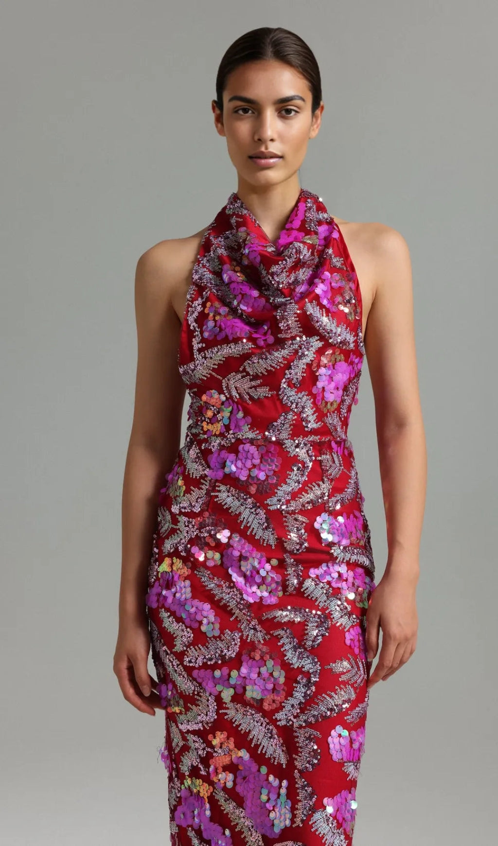 Embellished halter backless midi dress