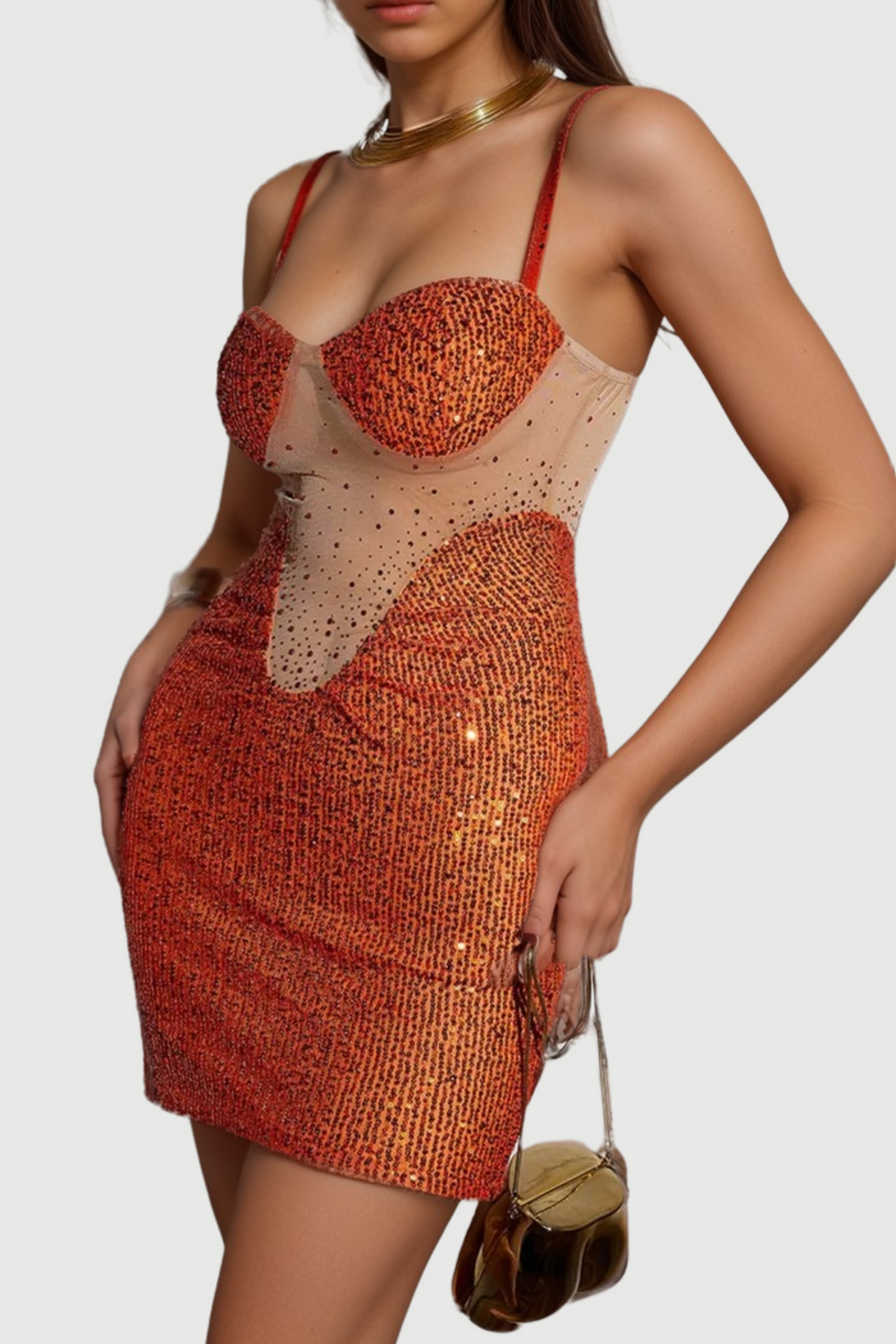 SOPHIA ORANGE SPAGHETTI SEQUIN MINI DRESS