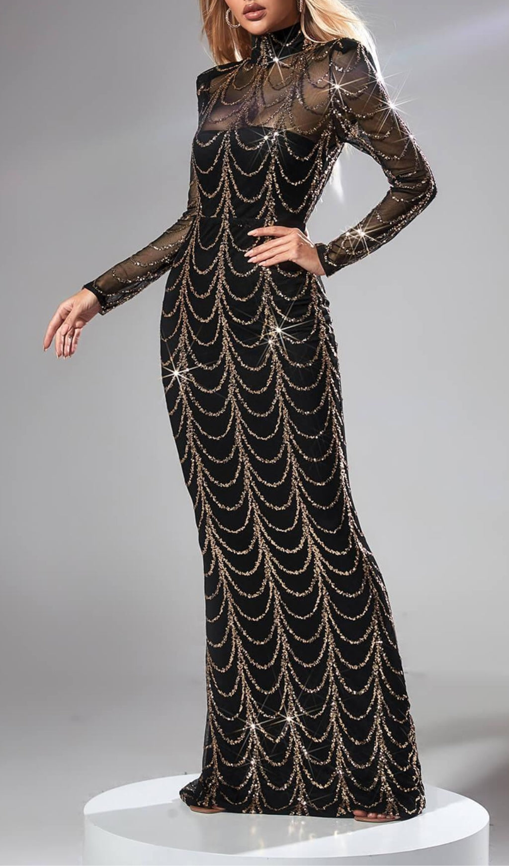 Long Sleeve Sequin Maxi Dress In Black