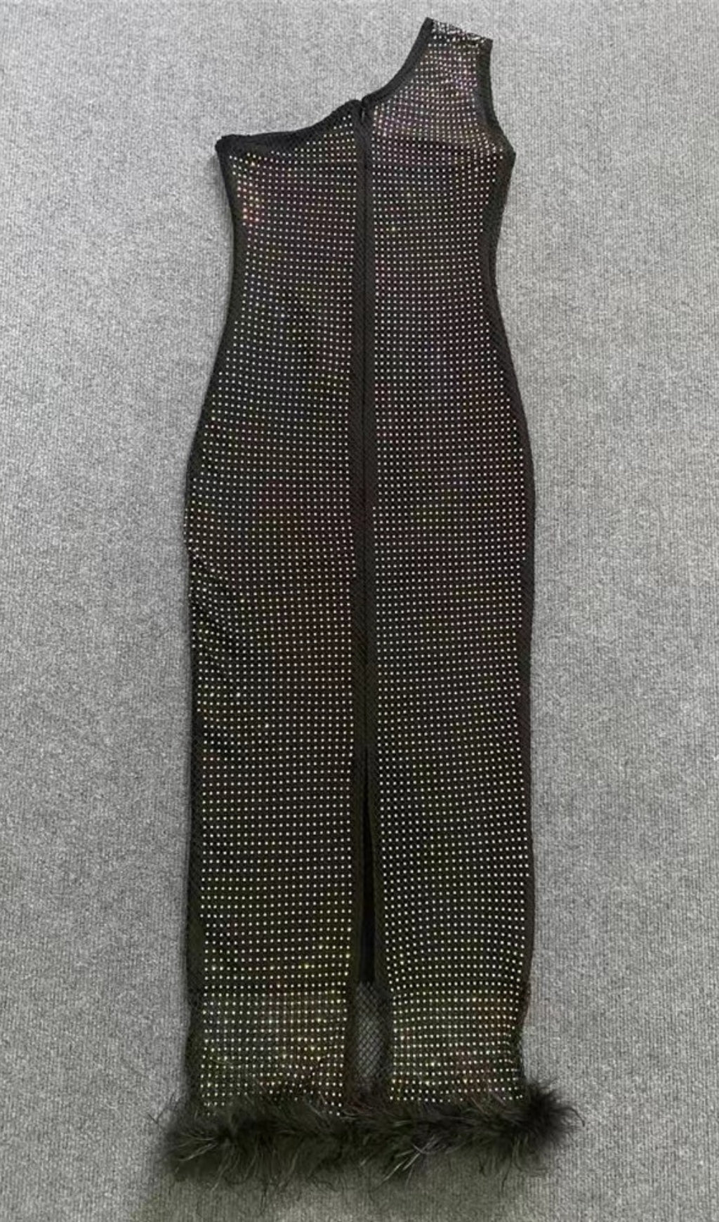 MESH DIAMOND FEATHER BANDAGE MAXI DRESS IN BLACK