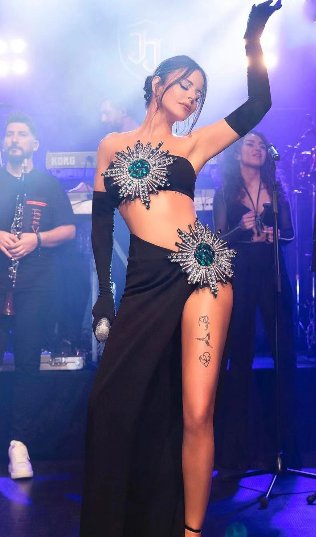 RHINESTONE HIGH SPLIT SKIRT SET WITH GLOVES