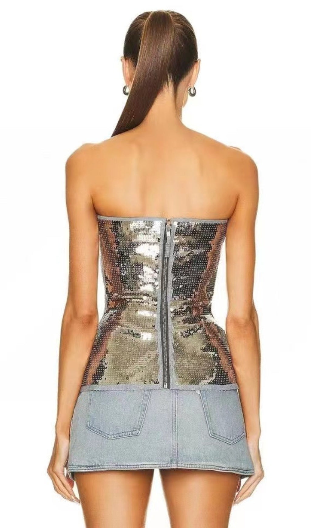 Metallic Sequin Embellished Sleeveless Denim Bustier Crop Top